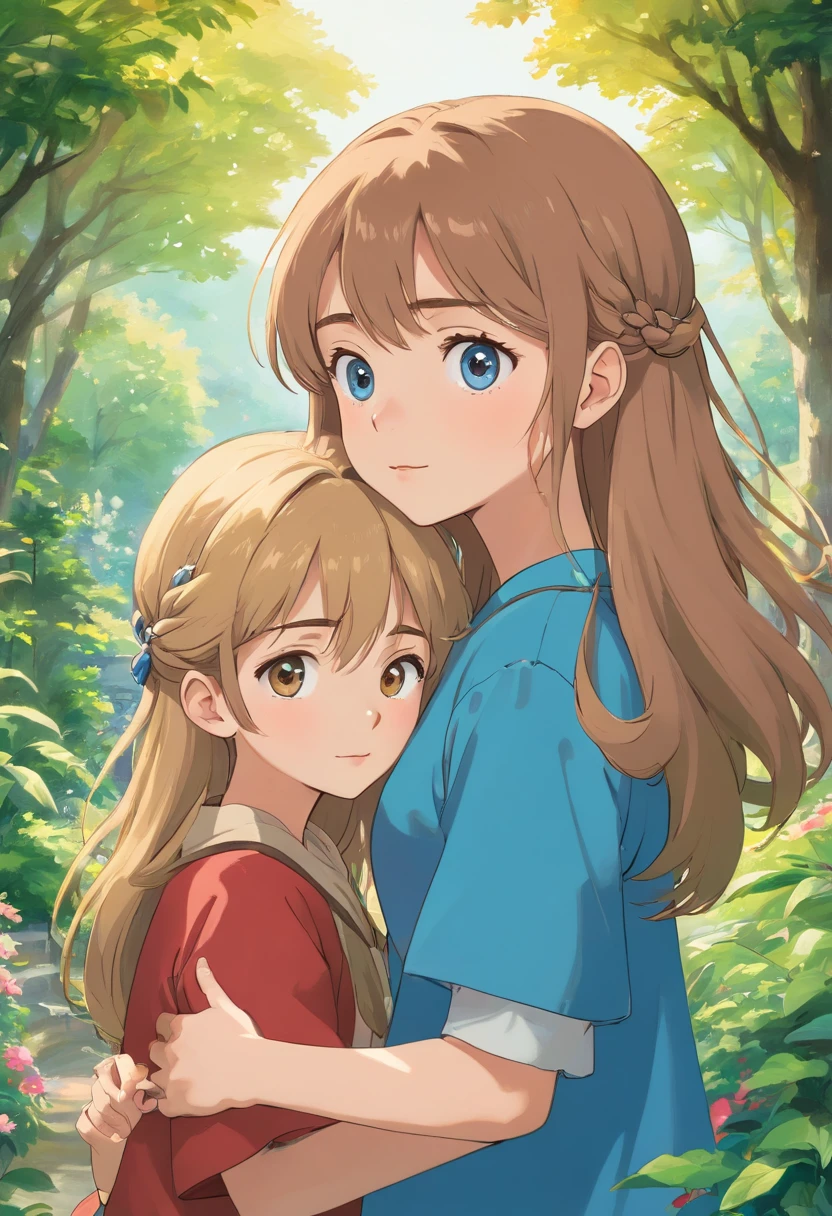 Stable Diffusion prompt:
girl with long brown hair, brown eyes, beautiful detailed eyes, beautiful detailed lips, holding hands with boy with long blonde hair, bright blue eyes, extremely detailed eyes and face, long eyelashes, taller boy, outdoor scene in a garden, vibrant colors, soft natural lighting, medium: oil painting, ultra-detailed, realistic:1.37, vivid colors, bokeh.