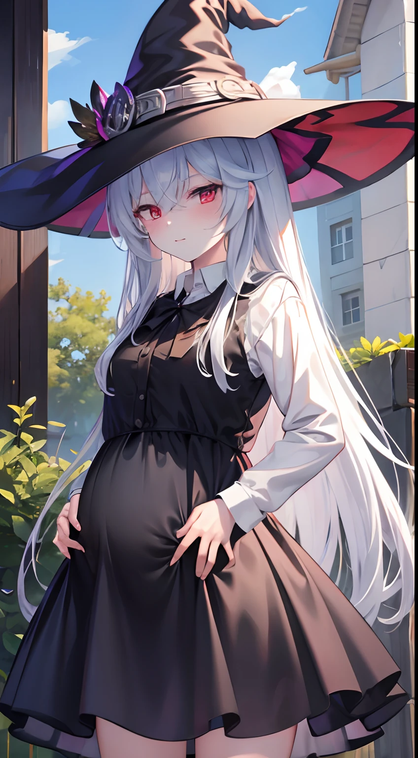 the witch,Hell scenes,Dark wind, black skirt, white shirt, black cloal, pregnant, red eyes