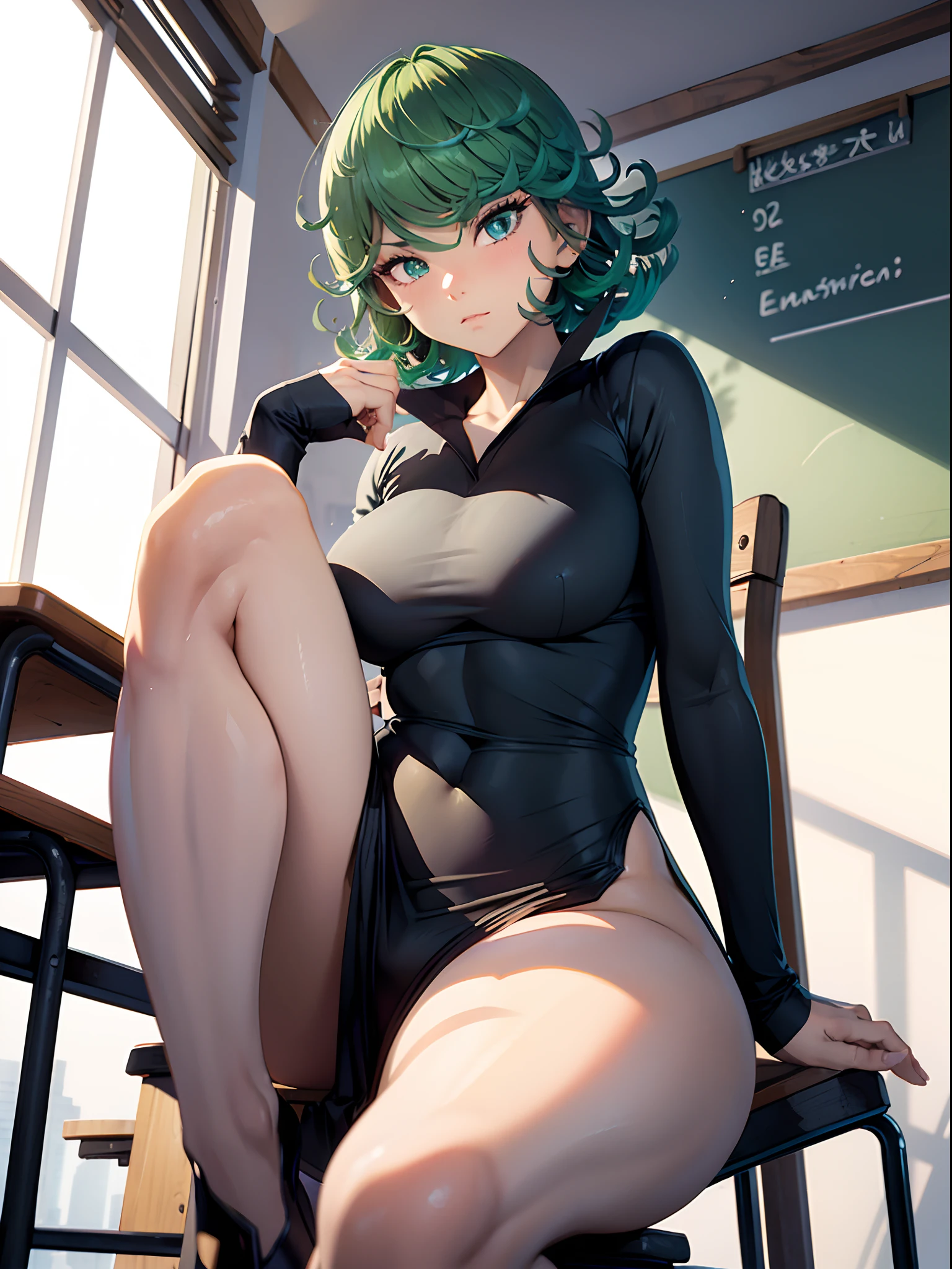 1girl, short green hair, ((black dress, sitting, open legs, legs focus, panties, shy expression, thighs, in a chair, classroom, view from below)), curvy figure, overlooking city, blush, day
BREAK
(((Masterpiece))), ((Highly detailed character)), ((perfect eyes)), ((perfect face)), ((best quality)), ((perfect hands)), high resolution, highly detailed image, thick thighs
BREAK
Beautiful background, volumetric lighting,