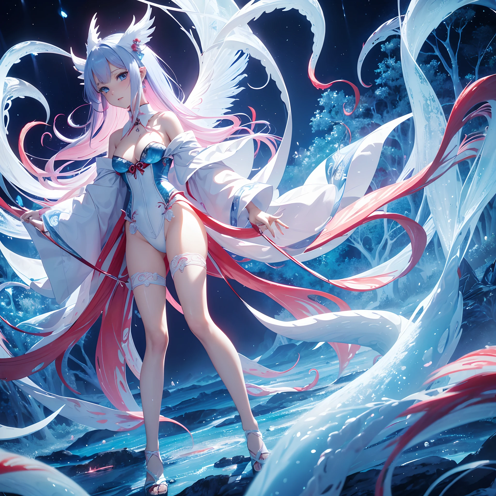 18yo Girl,colorfulhair, Blue eyes, Height 1.85, There are flaming wings, Wearing a white corset,The neckline is sexy,Highlight women's empowerment. Panties (Naked, There is no Karsingha), ((Top quality, 8K, Masterpiece: 1.4) Nine-tailed fox, Nine tails, Nine tails, Chuturu, inspired by Sugimura Jihei, Delicate and thin. Tentacles, White alien squid, ghostly form, inspired by Sōami, Yolmongande, mysterious creature, "Phoenix wallpaper"