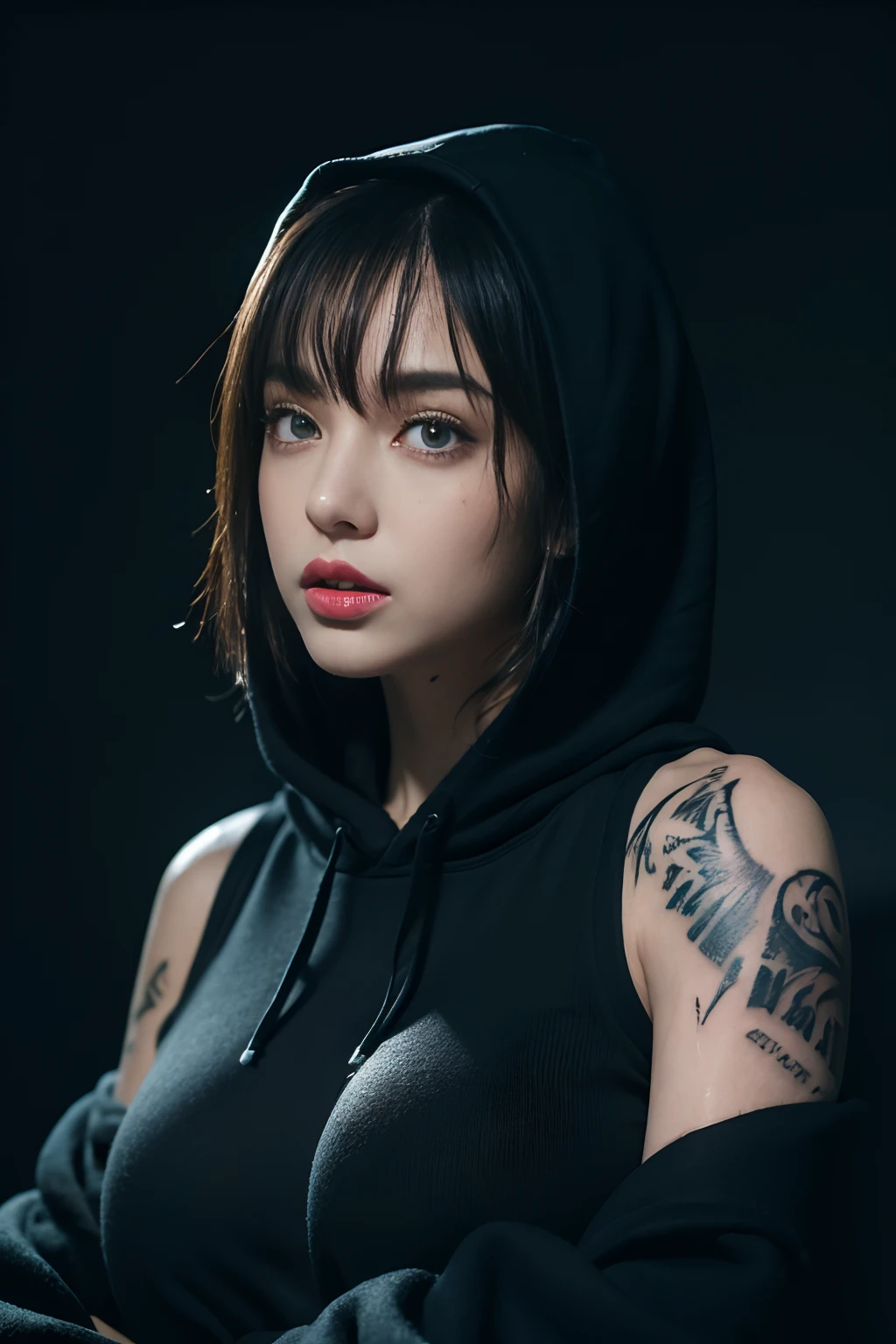 ultra high res, masterpiece, best quality, perfect glossy shiny skins, perfect lighting, detailed lighting, dramatic shadows, ray tracing, 1girl, black sweater, looking at viewer, off shoulder, Big breasts, Exposed cleavage, blue Eyes, sharp face, sharp eyes, long bangs, short cut hair, ((Dark background)), oversized hoodie, Wearing a black hoodie, Wearing an ugly black hood, wet (sweaty, soaking wet),(( tattoos on the arms)) , open mouse,