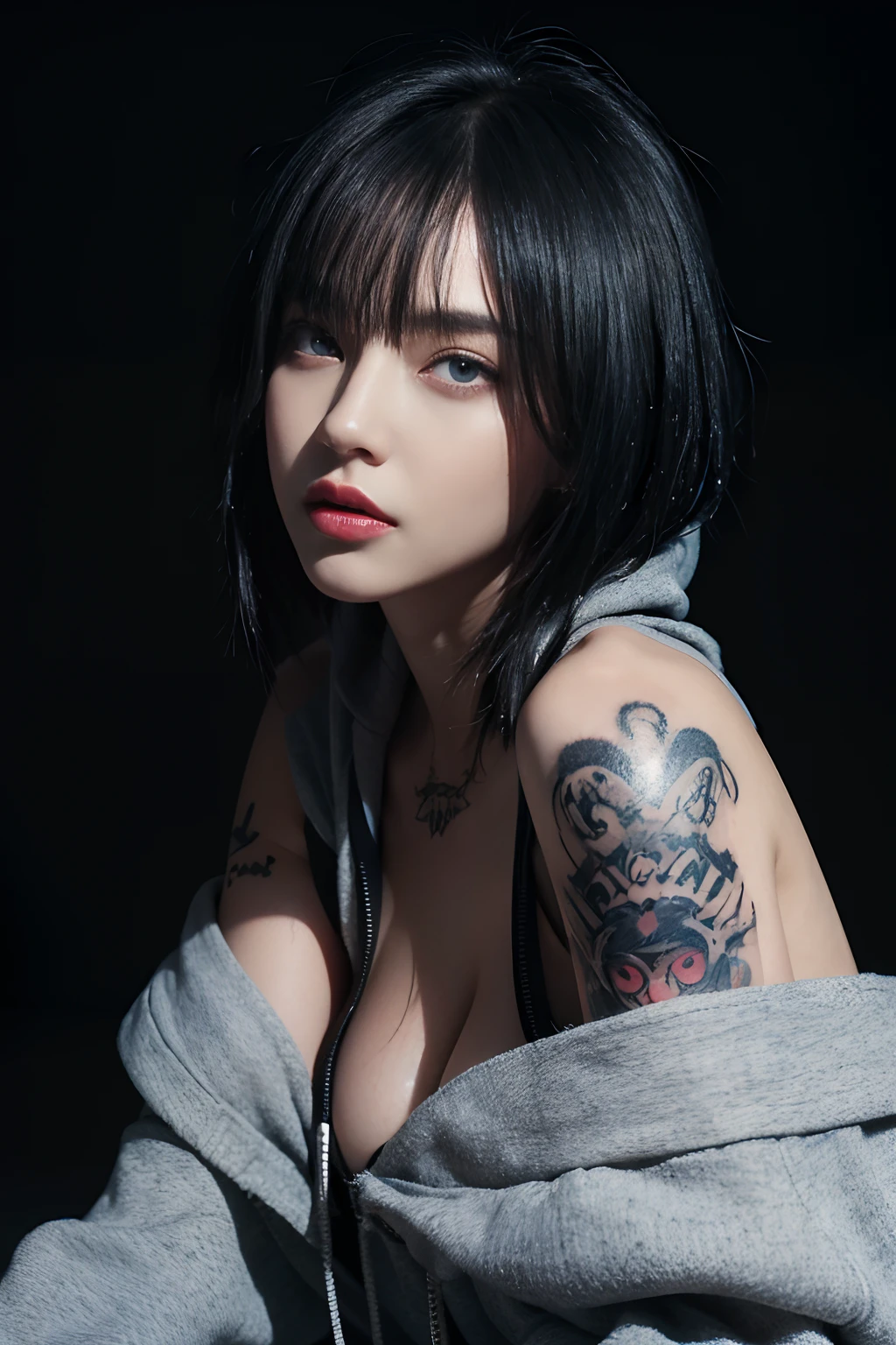 ultra high res, masterpiece,  best quality, perfect glossy shiny skins, perfect lighting, detailed lighting, dramatic shadows, ray tracing, 1girl, black sweater, looking at viewer, off shoulder, Big breasts, Exposed cleavage, blue Eyes, sharp face, sharp eyes, long bangs, short cut hair, ((Dark background)), oversized hoodie, Wearing a black hoodie, Wearing an ugly black hood, wet (sweaty, soaking wet),(( tattoos on the arms)) , open mouse,
