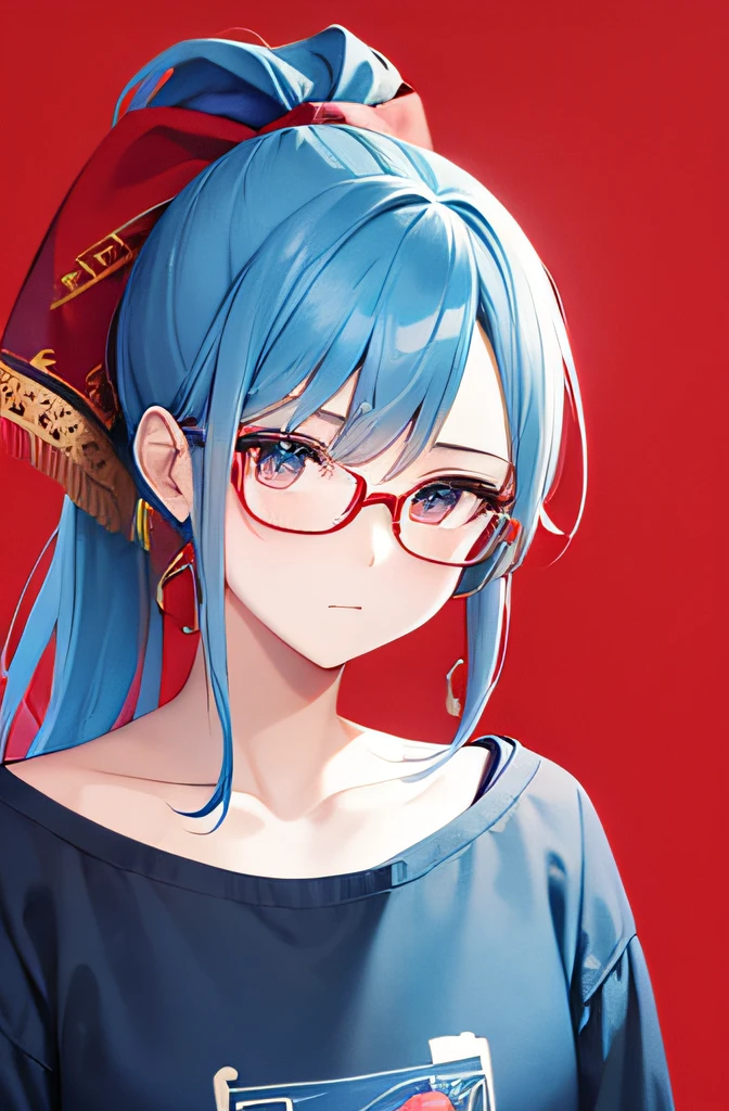 Blue hair with ponytail and ribbon(Red cloth embroidered with gold thread),Red-rimmed glasses