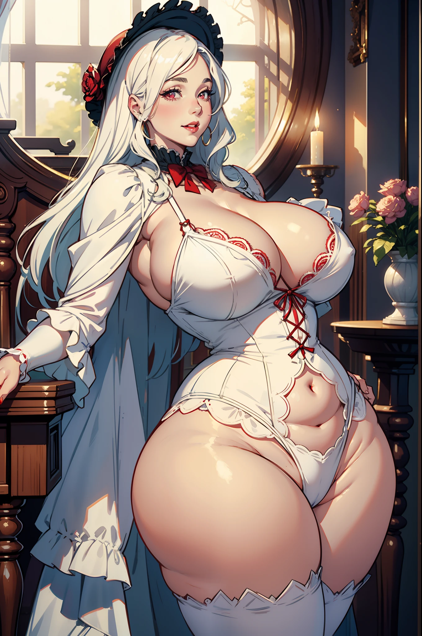Best quality, solo mature woman, giant breasts, giant ass, very curvy,creamy white hair, red eyes, full lips, smiling, seductive, victorian bonnet, doll joints, doll, thick thighs, curvy physique