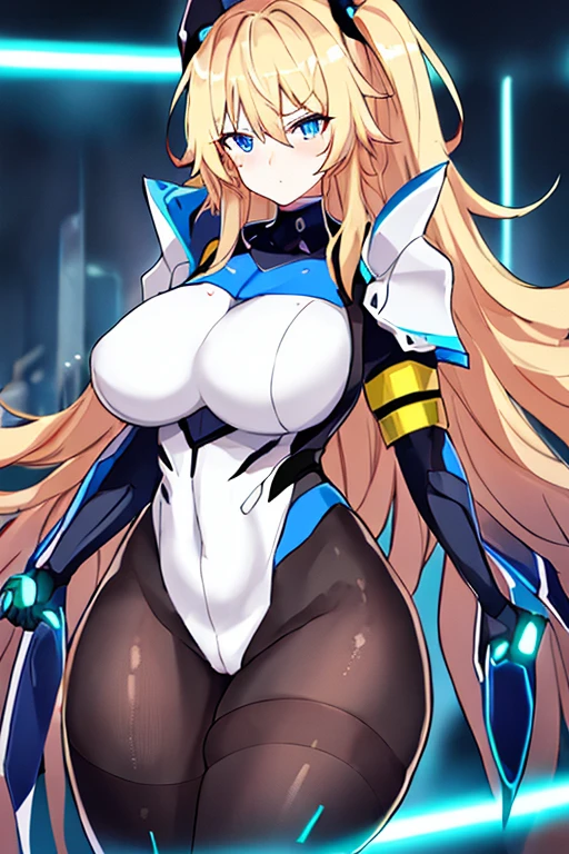 1girl, blonde hair, large breasts, breasts, thick thighs, wide hips, blue eyes, bodysuit, black bodysuit, pantyhose, long hair, serious, science-fiction, tech, futuristic, black pantyhose, thighhighs, neon, machinery, hair ornament, ornament, neon trim, an8me style, 2d, anime screencap, shoulder armor