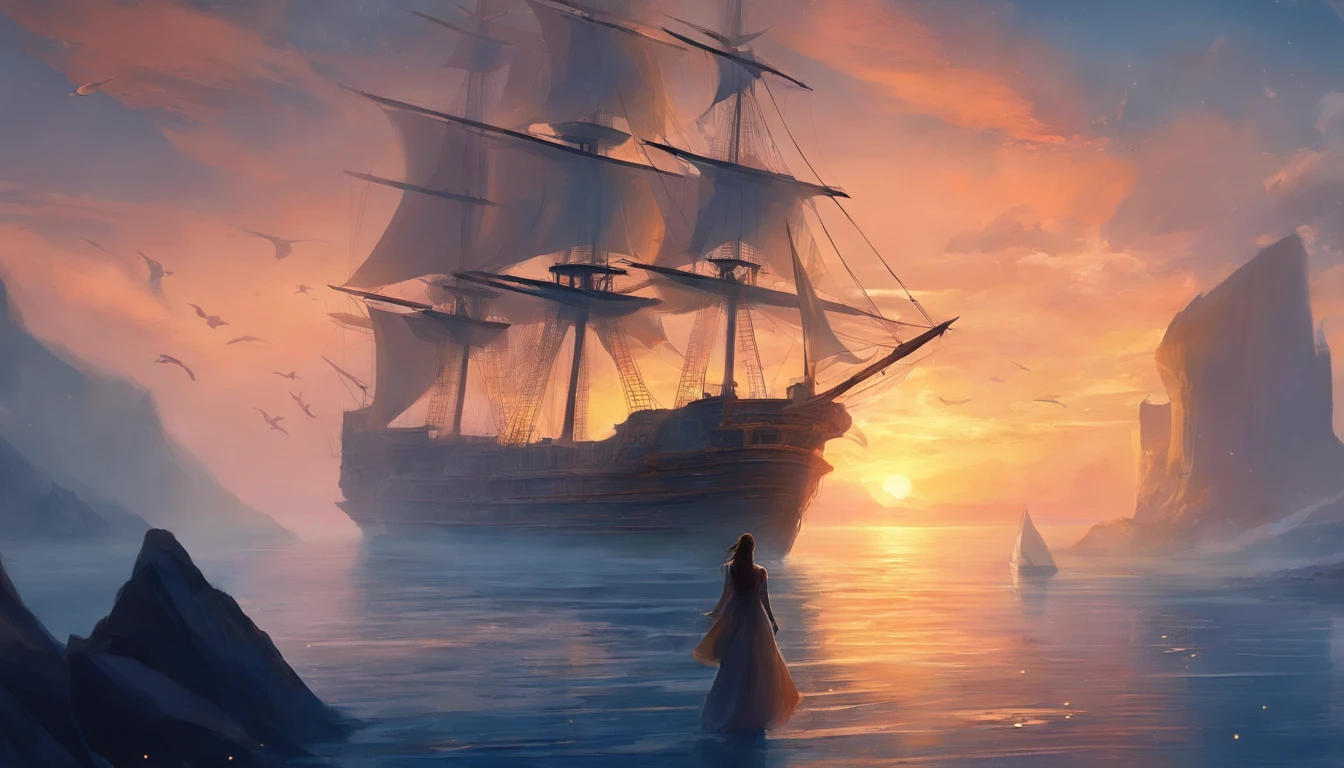 Girl with dark hair in blue dress, Standing on the deck of an old ship, One Ship, looks into the distance, dawning, Light haze, Brooding atmosphere, Sunrise on the sea