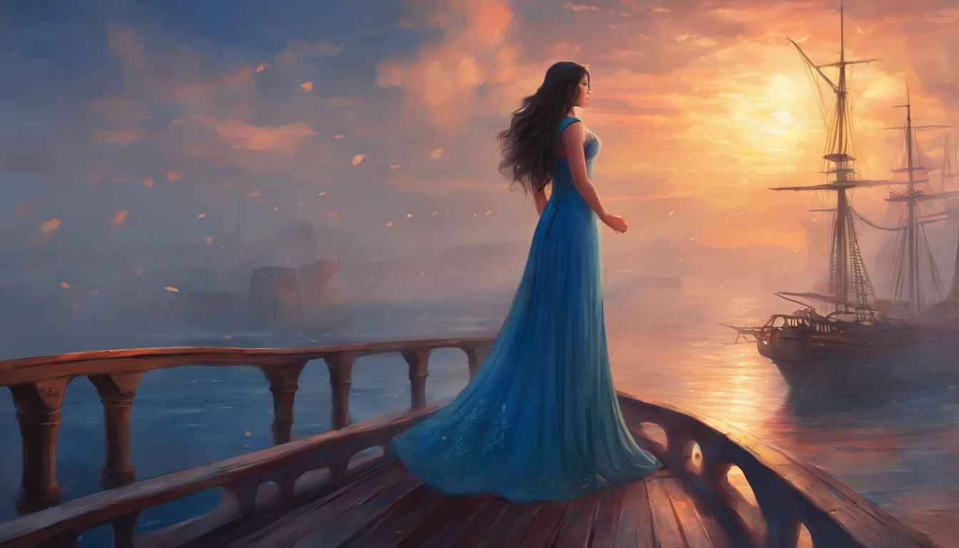 Girl with dark hair in blue dress, Standing on the deck of an old ship, One Ship, looks into the distance, dawning, Light haze, Brooding atmosphere, Sunrise on the sea
