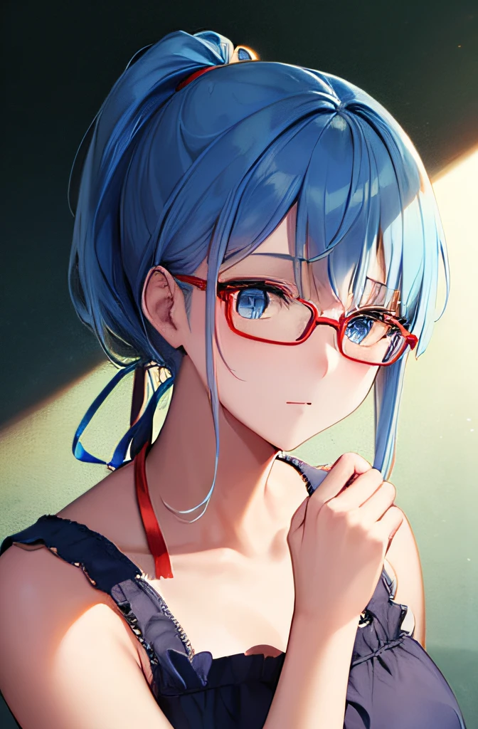 Blue hair in a ponytail+(Ribbon embroidered with gold thread on red fabric),Green eyes,Red-rimmed glasses