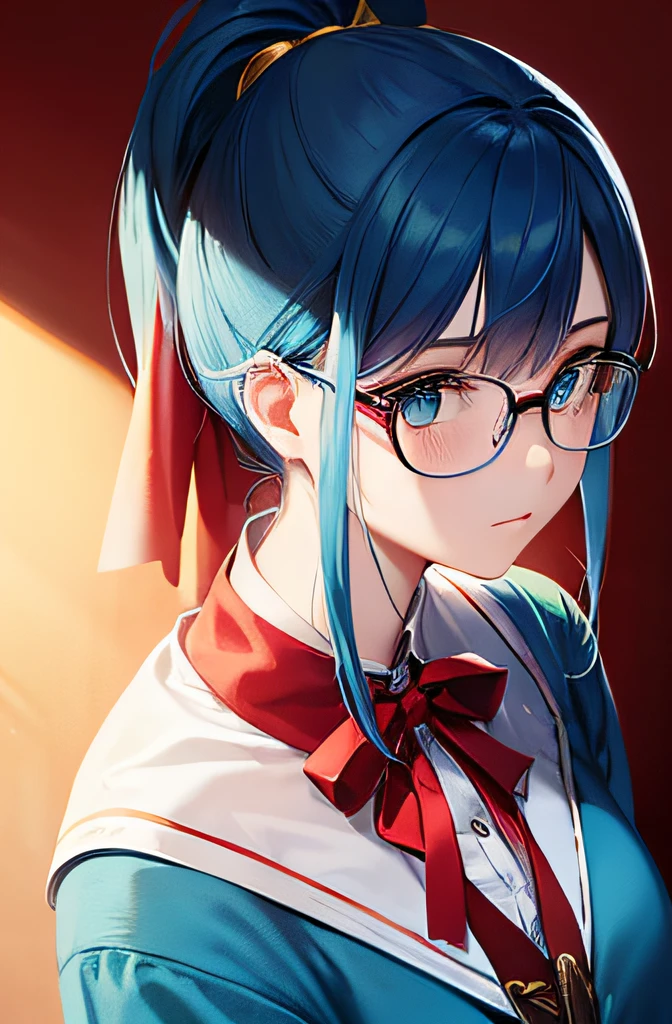 Blue hair in a ponytail+(Ribbon embroidered with gold thread on red fabric),Green eyes,Red-rimmed glasses