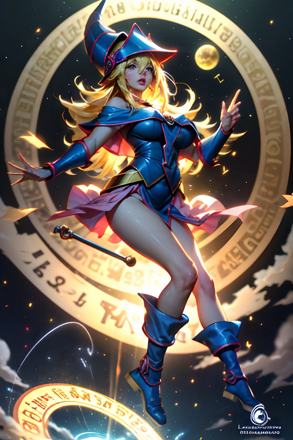 (Obra maestra:1.2), (La mejor calidad:1.2), Perfect lighting, Chica Maga Oscura lanzando un hechizo, flotando en el aire, Levitating over a magic circle , Portal de Circle, tetas grandes, escote abierto, fondo de magia. Pose sejustiva y sexy. Fuegos artificiales de fondo. dragon armaguedon