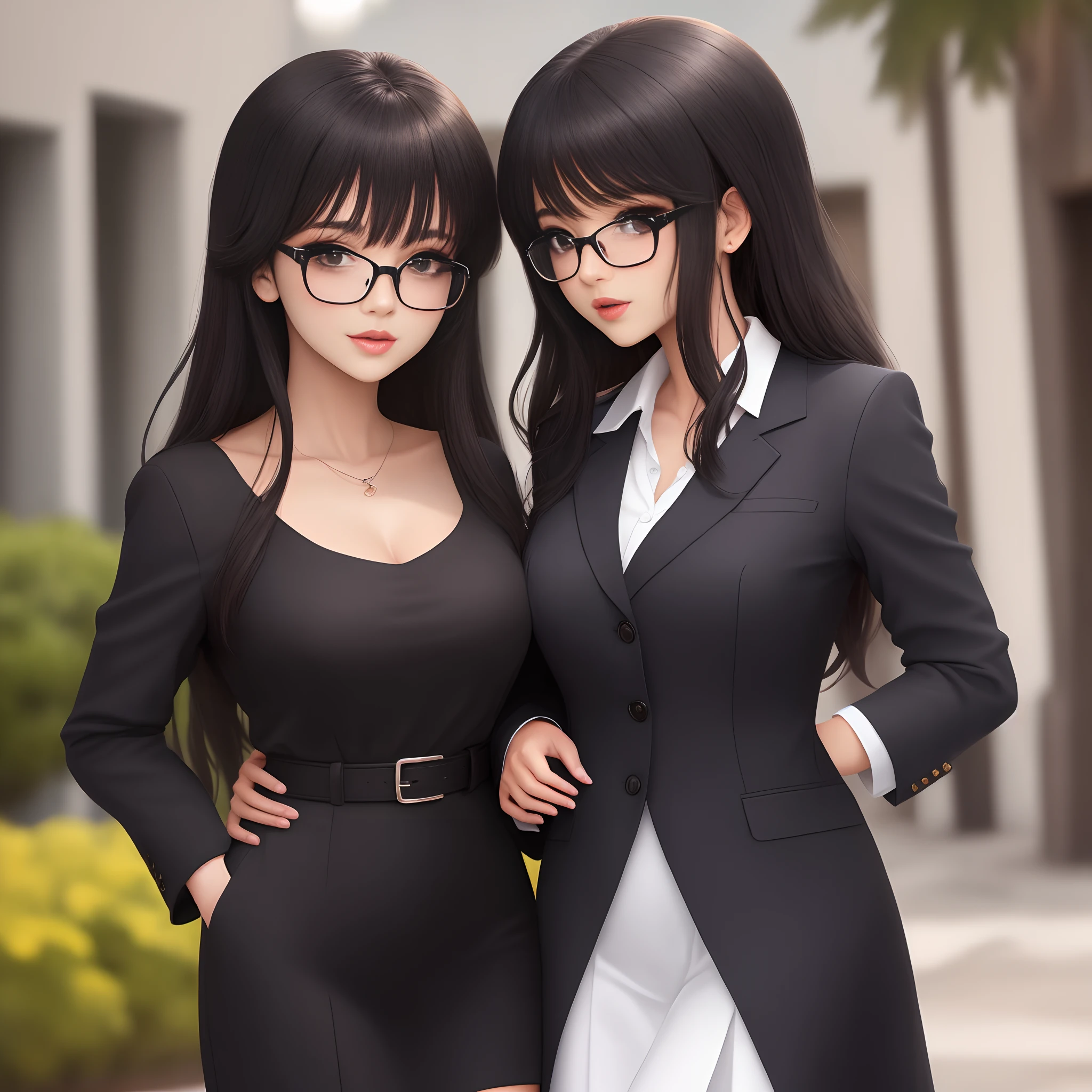 Mujer de traje negro sastre cabello negro amarrado en una coleta con lentes para sol labios rojos estilo anime