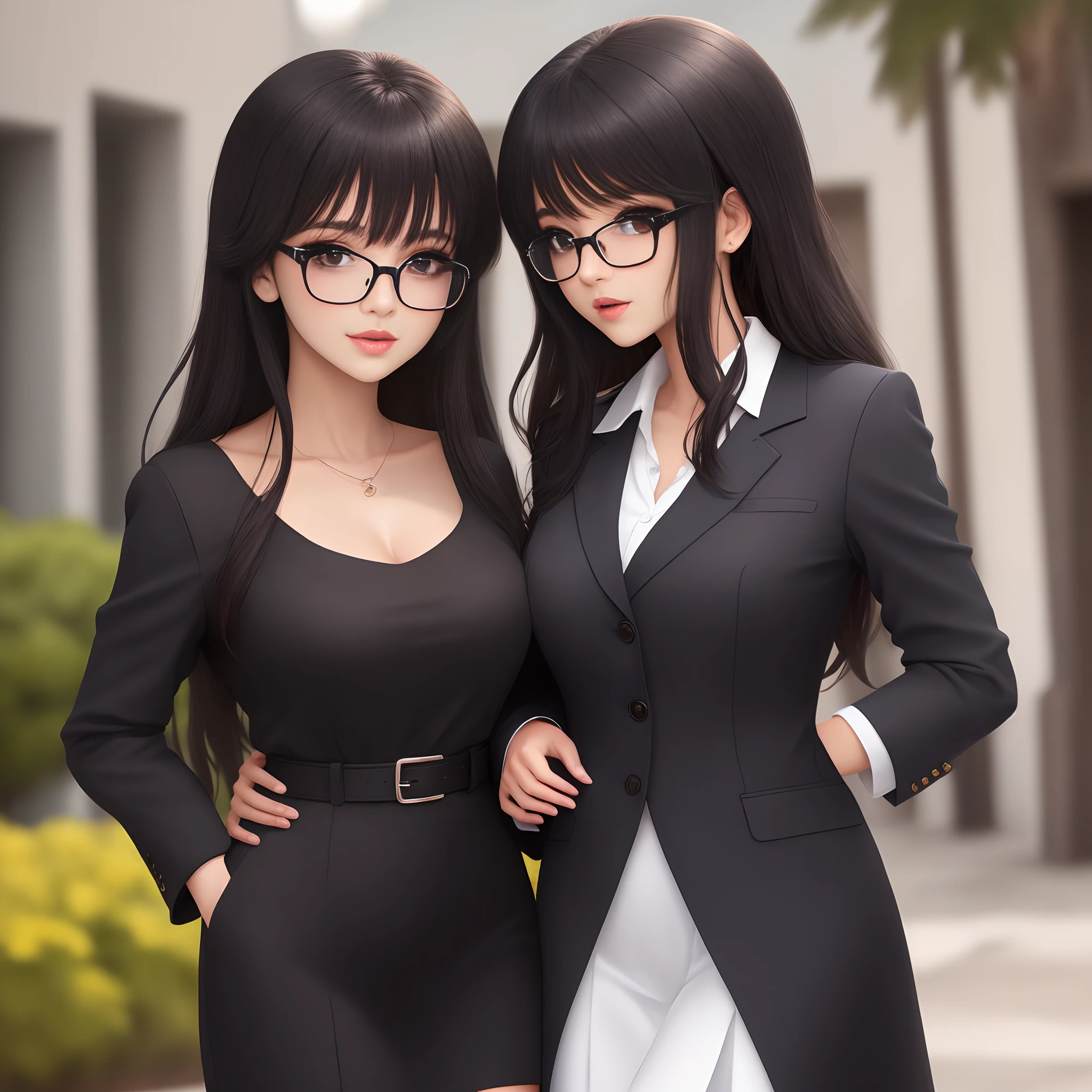 Mujer de traje negro sastre cabello negro amarrado en una coleta con lentes para sol labios rojos estilo anime