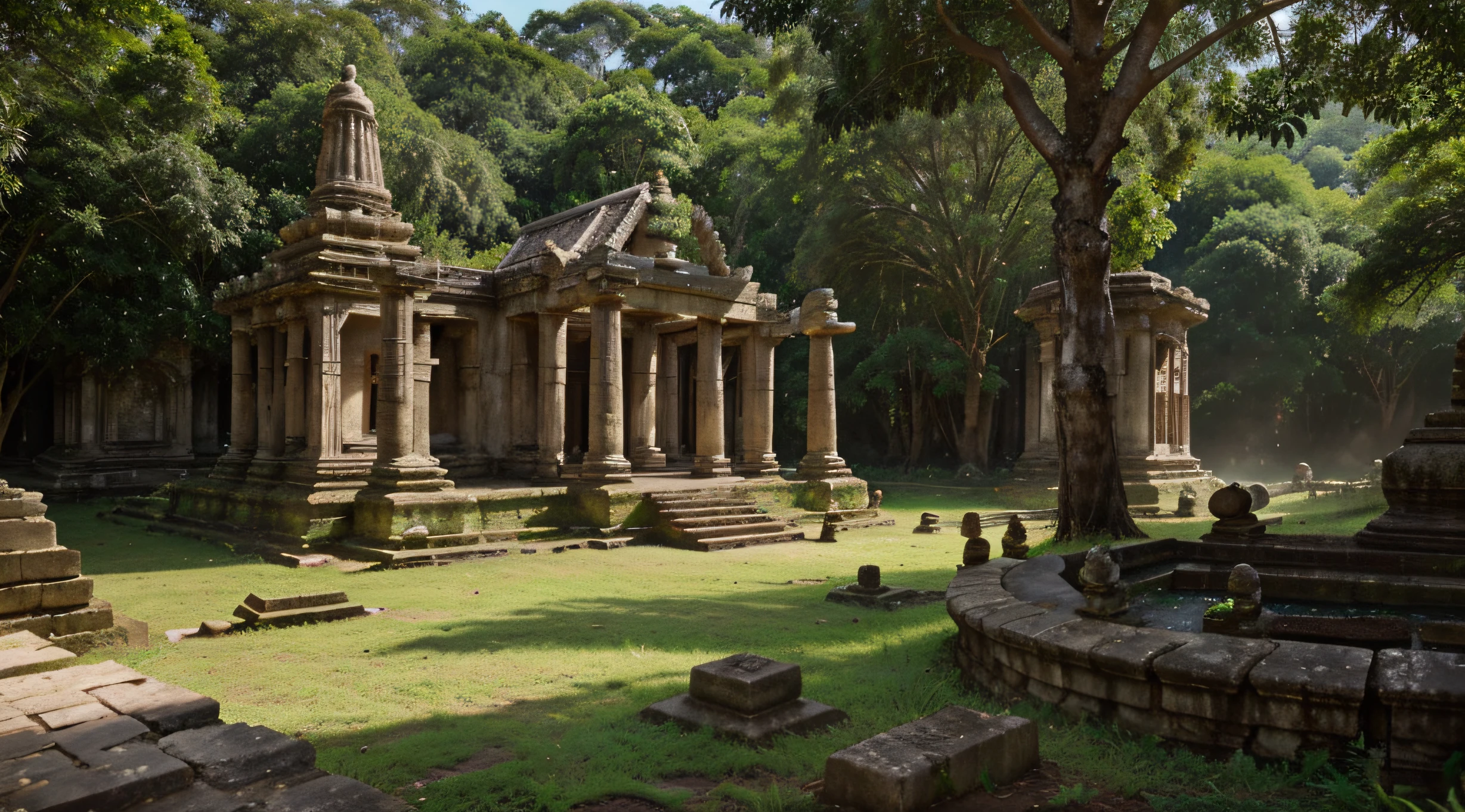 Wide view of a jungle with ancient ruins of ancient temples, Buddha Statues , Shiva, Ganesh, luz de sol poente, aves voando, hyper realistic, Deep sense of peace