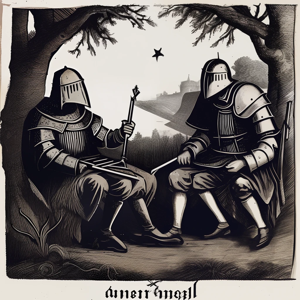 Two medieval knights smoking at night in the woods near a giant castle