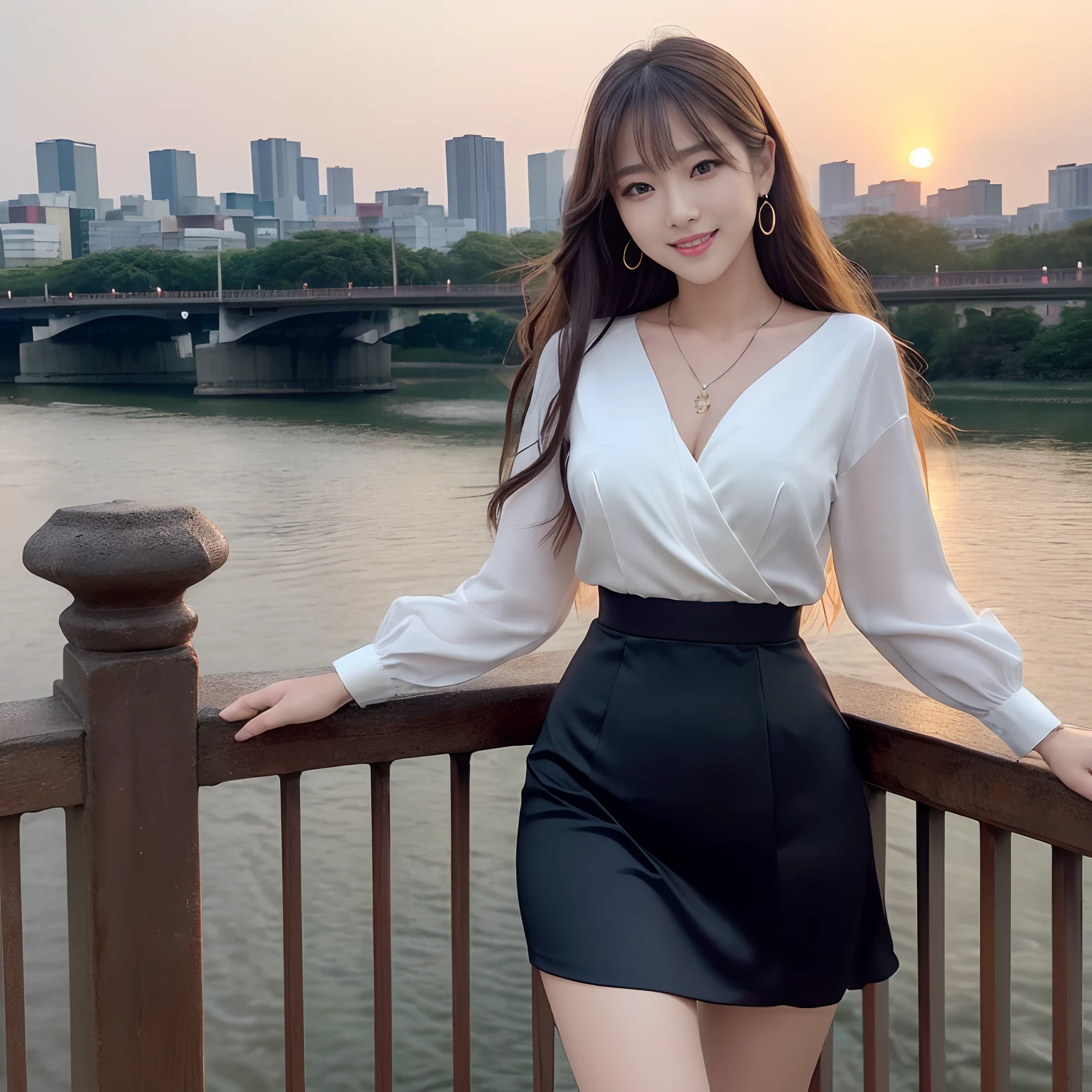 (((Best Quality, masutepiece, 超A high resolution、The most complex and detailed depictions)))、(1人の女性、Beauty secretary、secretary's attire、Formal office style、White formal blouse、tight skirts、Skirt without folds、Perfect gas chamber、detailed beautiful faces)、((Walk on the bridges of the city、Walk on the iron bridge、Perfect iron bridge、Bridge over the taiga、Big rivers、A large group of buildings in the background、Buildings of Tokyo in the background、Tokyo cityscape in the background、Lots of buildings in the background、Evening glow、Beautiful sunset、Fantastic sunset、Spectacular lighting of the film、Shot from the waist up))、Emphasize body lines、Sad smile、Ephemeral smile、Perfect makeup、long、straight haired、a necklace