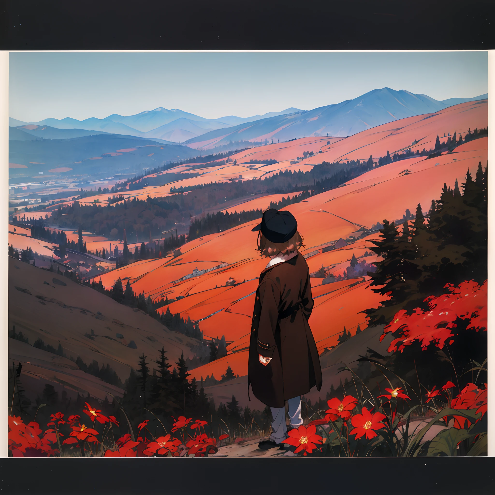 polaroid picture of Mirai Kuriyama wearing a coat and a cap standing on a tall hill, from behind, ((empty background)), winter, ((polaroid)), vintage, red glasses, manga style, far away shot, long sleeves, 1girl, casual clothes, full body, mountain, flowers, border, brown coat