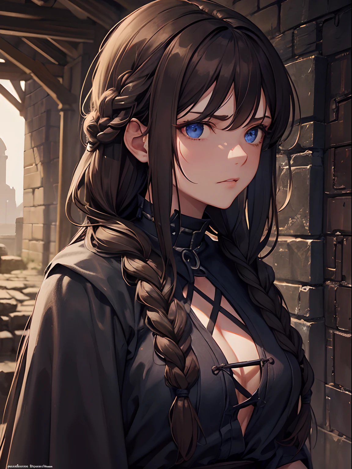 Masterpiece, medieval setting, close up, dark prison dungeon, dirty, stone brick walls, adult woman, prisoner, muscular, dirty appearance, stoic expression, long braided hair, brown hair, dark blue eyes, dirty and torn grey rags, cuffs