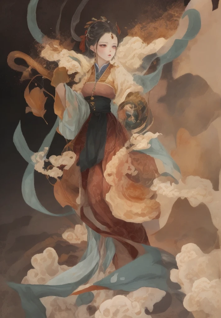 Gu Kaizhi&Zhang Xuan's ancient beauty，Ancient Chinese costumes are gorgeous and exquisite，Shy face，Willow eyebrows and coiled hair，Background of gold leaf and flowing clouds，Cranes surrounding，Gentle eyes，Exquisite clothing patterns and color schemes，Realistic style and soft shadows，clean sharp focus，Panorama and 32K resolution，Red clothes