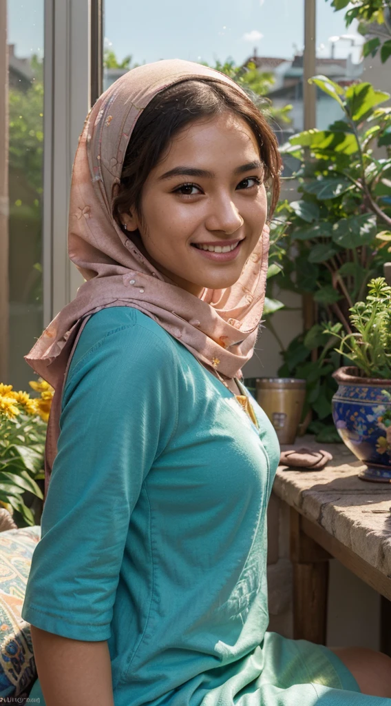 (best quality, highly detailed, high resolution, masterpiece: 1.2), HDR, UHD, studio lighting, realistic, photorealistic: 1. 37, girl, Asian pretty face, wearing hijab, embossed large chest close-up by window, bright color palette, portrait, sharp focus, professional lighting, emotionally expressive face, soft natural lighting, contemporary illustration style, empathy, evocative background scene, colorful clothes, teenager with a joyful smile, thoughtful gaze, reflective mood, inspiring determination, overcoming challenges, positive energy, outdoor garden setting, peaceful atmosphere, blooming flowers, inclusive community, diverse representation, uplifting relationships, supportive friends and family, caring environment, lush greenery, relaxing day in the sun, optimistic tone.
