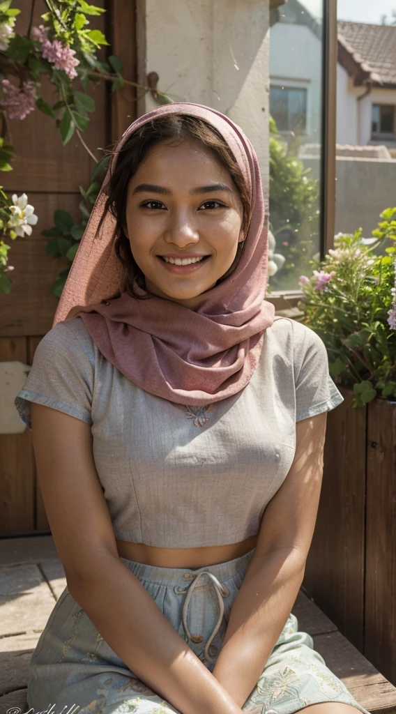 (best quality, highly detailed, high resolution, masterpiece: 1.2), HDR, UHD, studio lighting, realistic, photorealistic: 1. 37, girl, Asian pretty face, wearing hijab, embossed large chest close-up by window, bright color palette, portrait, sharp focus, professional lighting, emotionally expressive face, soft natural lighting, contemporary illustration style, empathy, evocative background scene, colorful clothes, ager with a joyful smile, thoughtful gaze, reflective mood, inspiring determination, overcoming challenges, positive energy, outdoor garden setting, peaceful atmosphere, blooming flowers, inclusive community, diverse representation, uplifting relationships, supportive friends and family, caring environment, lush greenery, relaxing day in the sun, optimistic tone.