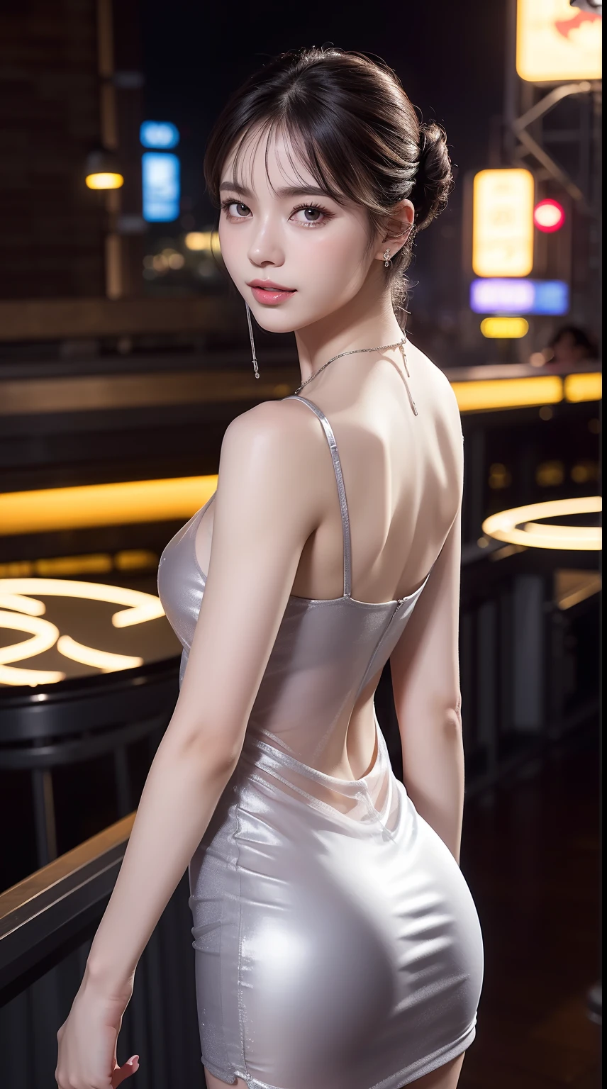 8k, masterpiece, RAW photo, best quality, detail:1.2),photorealistic, extremely detailed CG unity 8k wallpaper, Depth of field, Cinematic Light, Lens Flare, Ray tracing, (extremely beautiful face, beautiful lips, beautiful eyes), intricate detail face, ((ultra detailed skin)) 1girl, in the dark, deep shadow, pretty korean girl, kpop idol,(very slim slender fit-muscled body:1.3), ((looking at viewer)),(big smile), (tight mini dress), (shot sleeve) , (city night, (neon sign), dim lights, rooftop, veranda, (night), pretty korean girl, earrings, bracelets, necklace, pantyhose, clear eyes, walking , (pale skin), face forward, (big eyes), ((upper body shot)), tight-fitting dress, silk dress, laced dress, (see through dress), turning back, back shot, very slim, slander, updo hair, silver color dress, tight ultra mini skirt