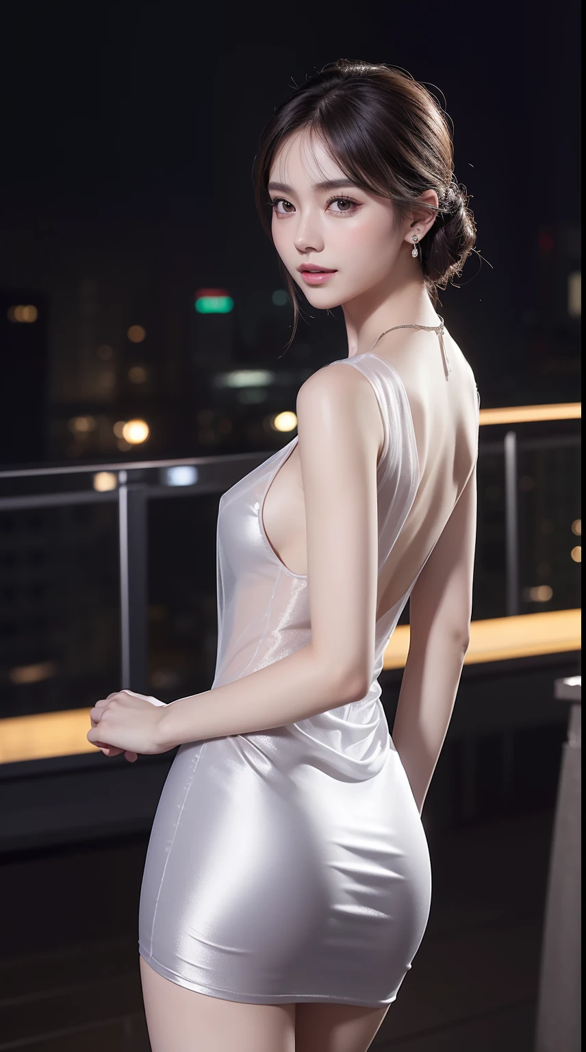 8k, masterpiece, RAW photo, best quality, detail:1.2),photorealistic, extremely detailed CG unity 8k wallpaper, Depth of field, Cinematic Light, Lens Flare, Ray tracing, (extremely beautiful face, beautiful lips, beautiful eyes), intricate detail face, ((ultra detailed skin)) 1girl, in the dark, deep shadow, pretty korean girl, kpop idol,(very slim slender fit-muscled body:1.3), ((looking at viewer)),(big smile), (tight mini dress), (shot sleeve) , (city night, (neon sign), dim lights, rooftop, veranda, (night), pretty korean girl, earrings, bracelets, necklace, pantyhose, clear eyes, walking , (pale skin), face forward, (big eyes), ((upper body shot)), tight-fitting dress, silk dress, laced dress, (see through dress), turning back, back shot, very slim, slander, updo hair, silver color dress, tight ultra mini skirt