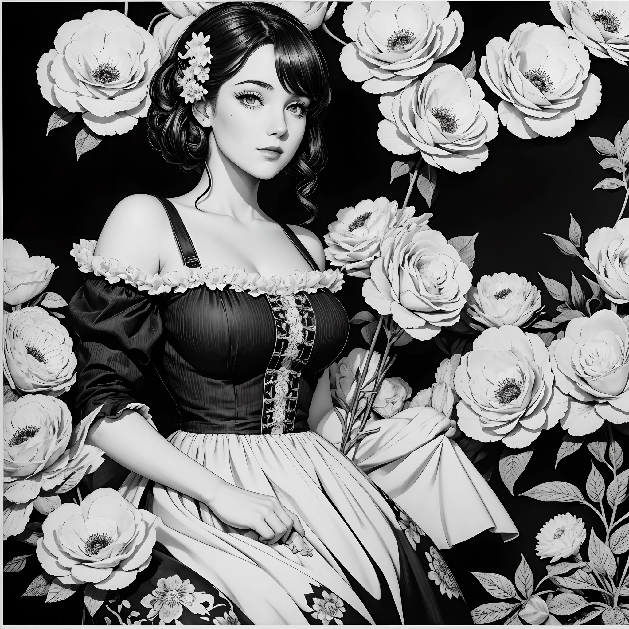 Black and white bar figure 1 Girl with flowers,  Lots of flowers in the background, Lori in dress with flowers, Its fine ink lineart, Comic style, Portrait of a Prussian girl, Marilyn Munro, Hollywood highlights, beautiful line art, Black and white comic style, Manga style, manga art style, Pencil and ink caricature, Black and white coloring