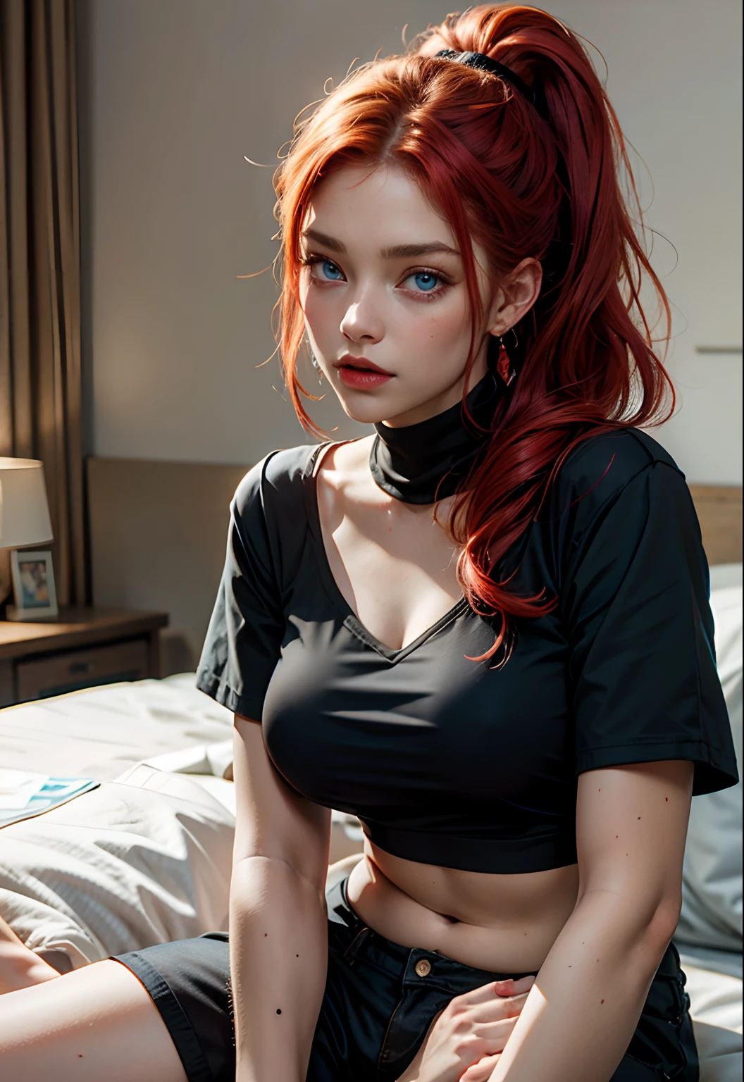 Beautiful woman with blue eyes, red hair, ponytail, black blouse and black shorts, lying on the bed