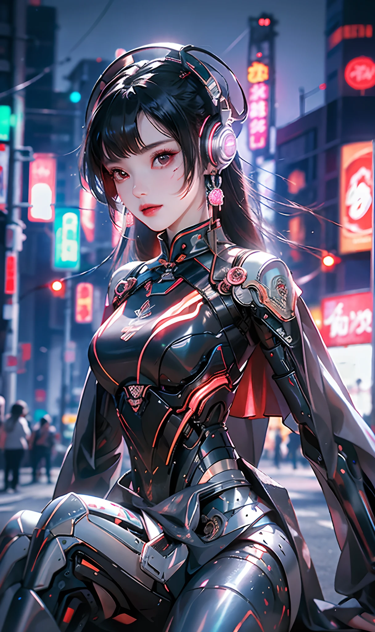 1 girl, Chinese_clothes, metallic black titanium and pink, cyberhan, cheongsam, cyberpunk city, dynamic pose, detailed luminescent headphones, luminous hair accessories, long hair, luminous earrings, glowing necklace, cyberpunk, high-tech city, full of mechanical and futuristic elements, futuristic, technology, glowing neon, pink, pink light, sexy skirt, translucent black cape, laser light, digital background urban sky, big moon, with vehicle, best quality, masterpiece, 8K, Character edge light, super high detail, high quality, the most beautiful woman in human beings, smile, face facing front and left and right symmetry, ear decoration, long antenna glow, beautiful pupils, light effects, visual data, silver-red-orange hair dyed hair, ultra-detailed face texture, happy, weapon system, crowded street passers-by, mecha style, overhead luminous antenna, back jet, girl sitting