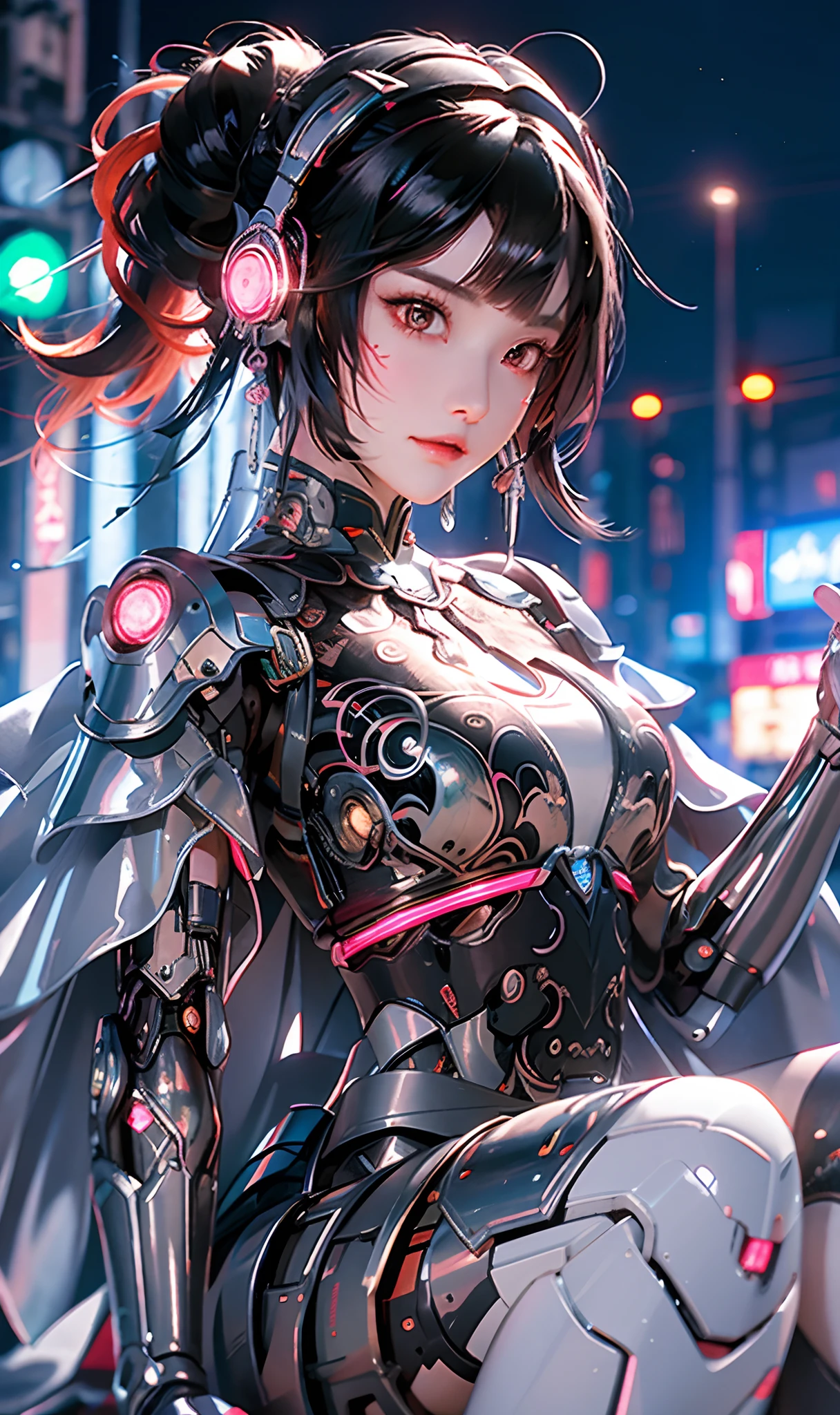 1 girl, Chinese_clothes, metallic black titanium and pink, cyberhan, cheongsam, cyberpunk city, dynamic pose, detailed luminescent headphones, luminous hair accessories, long hair, luminous earrings, glowing necklace, cyberpunk, high-tech city, full of mechanical and futuristic elements, futuristic, technology, glowing neon, pink, pink light, sexy skirt, translucent black cape, laser light, digital background urban sky, big moon, with vehicle, best quality, masterpiece, 8K, Character edge light, super high detail, high quality, the most beautiful woman in human beings, smile, face facing front and left and right symmetry, ear decoration, long antenna glow, beautiful pupils, light effects, visual data, silver-red-orange hair dyed hair, ultra-detailed face texture, happy, weapon system, crowded street passers-by, mecha style, overhead luminous antenna, back jet, girl sitting