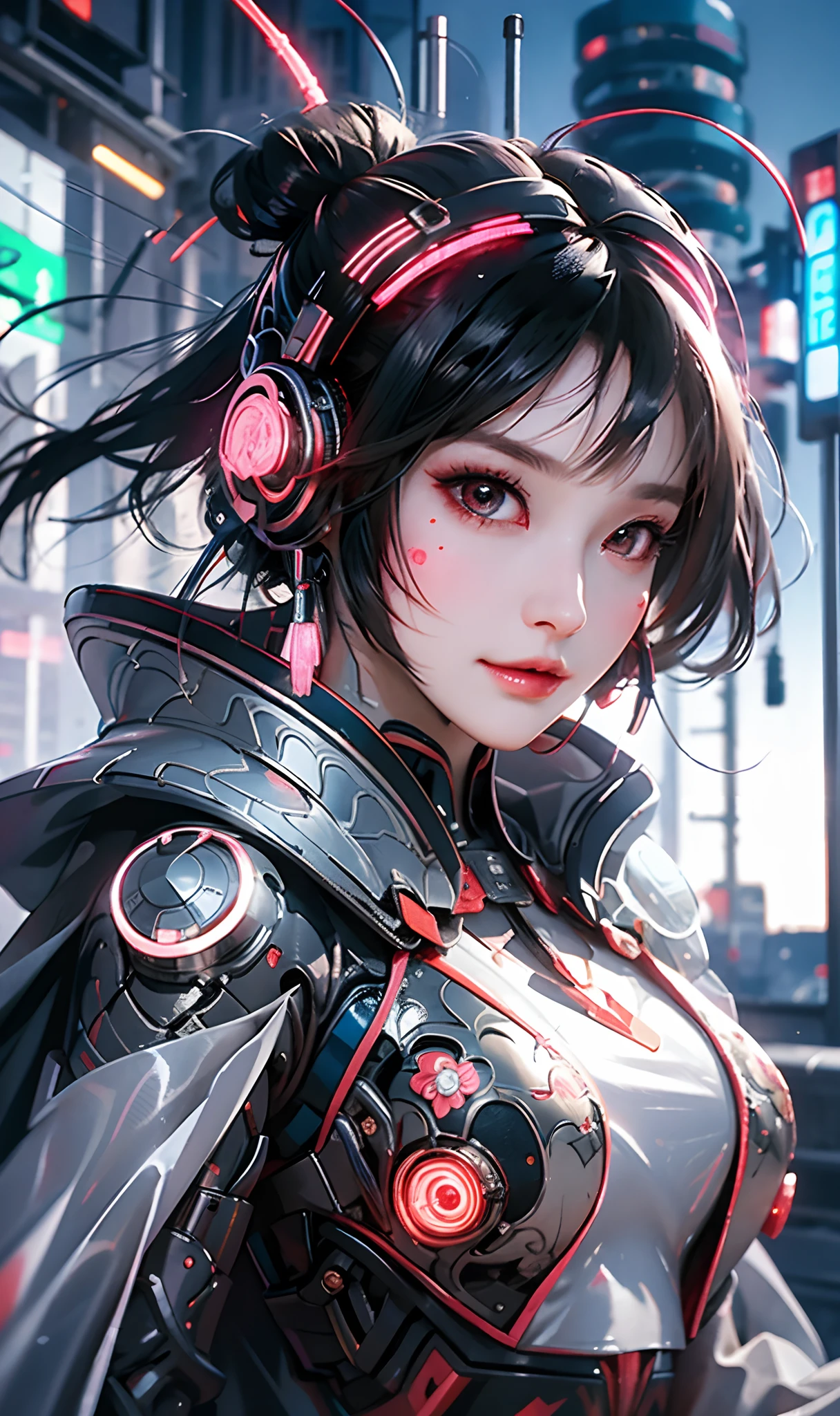 1 girl, Chinese_clothes, metallic black titanium and pink, cyberhan, cheongsam, cyberpunk city, dynamic pose, detailed luminescent headphones, luminous hair accessories, long hair, luminous earrings, glowing necklace, cyberpunk, high-tech city, full of mechanical and futuristic elements, futuristic, technology, glowing neon, pink, pink light, sexy skirt, translucent black cape, laser light, digital background urban sky, big moon, with vehicle, best quality, masterpiece, 8K, Character edge light, super high detail, high quality, the most beautiful woman in human beings, smile, face facing front and left and right symmetry, ear decoration, long antenna glow, beautiful pupils, light effects, visual data, silver-red-orange hair dyed hair, ultra-detailed face texture, happy, weapon system, crowded street passers-by, mecha style, overhead luminous antenna, back jet, girl sitting
