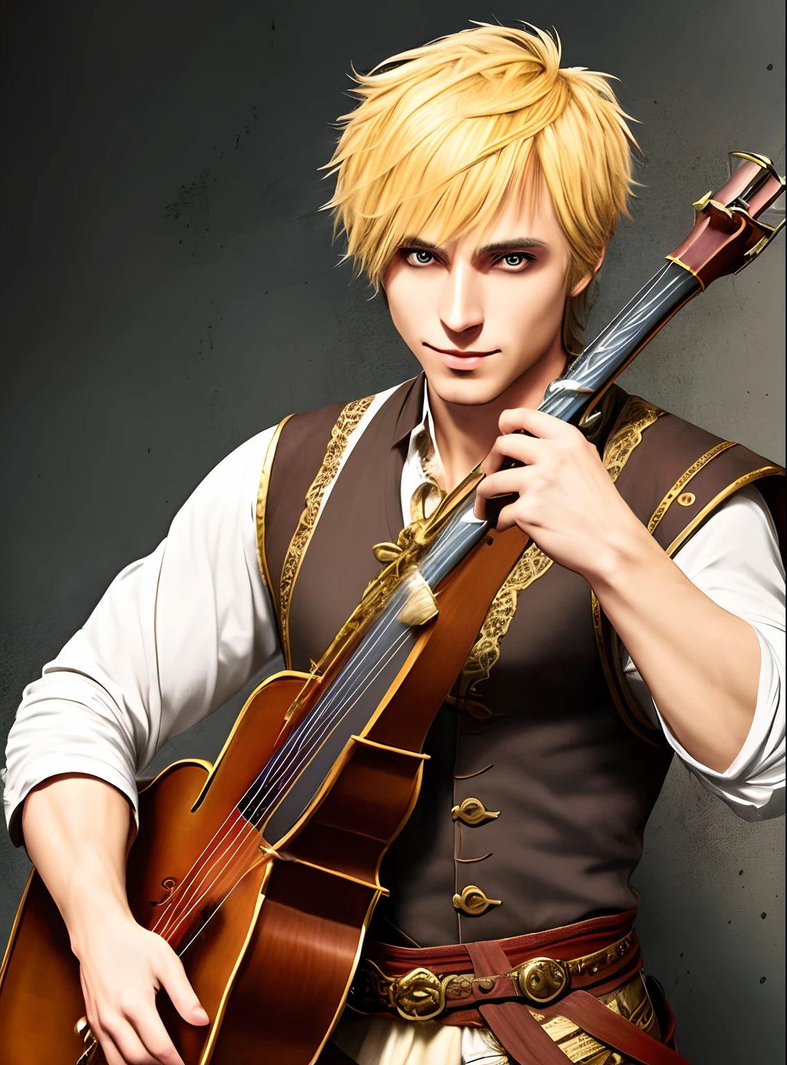 Male Bard, short blonde hair, dungeons and dragons, scars, bow and arrow, flute