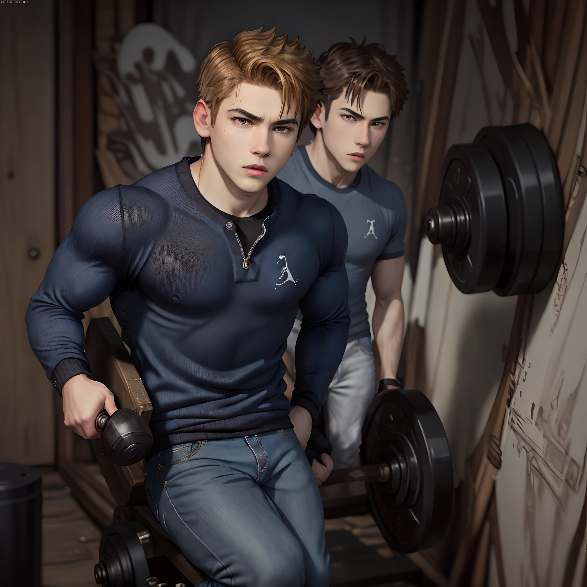 Create a „Disney Pixar“ cover photo for a movie. The caption should read: “Bastian, the beginning“. The cover photo is said to be of a thin, black-haired 16-year-old boy with a side parting and mild acne, no beard and no beard, who is weak and punches a punching bag. You should see 1kg dumbbells in the background. He is also said to have been wearing a red Hollister sweater and very tight blue jeans. He is also said to be wearing a black, white and red Jordan 1 Low.