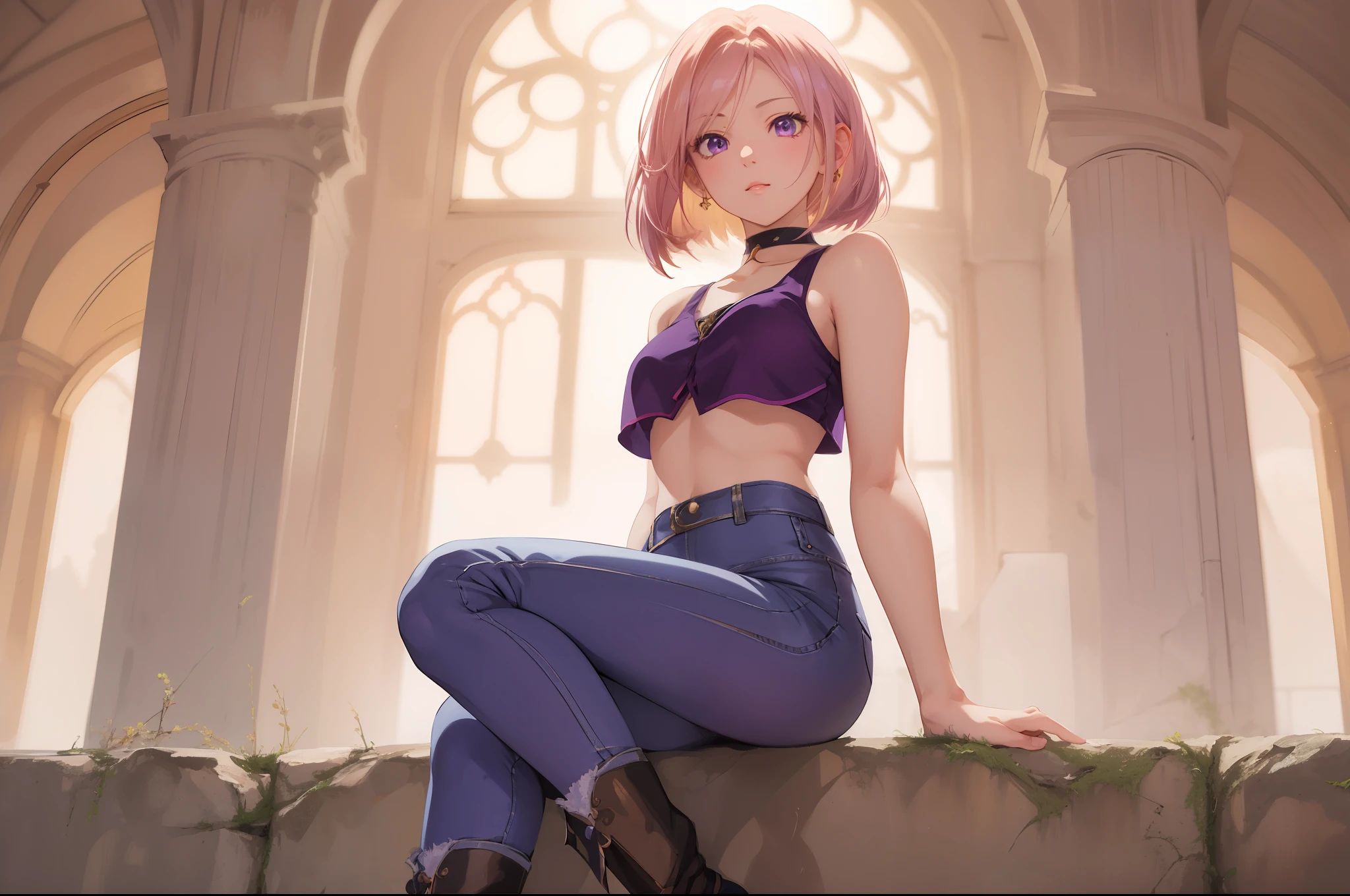 anime girl sitting on a wall with a window in the background, purple eyes, casual pose, high quality anime artstyle, girl portrait, seductive anime girl, anime style 4 k, anime artstyle, anime style character, portrait knights of zodiac girl, inspired by Li Chevalier, anime art style, realistic anime 3 d style, high quality fanart, style anime, android 18