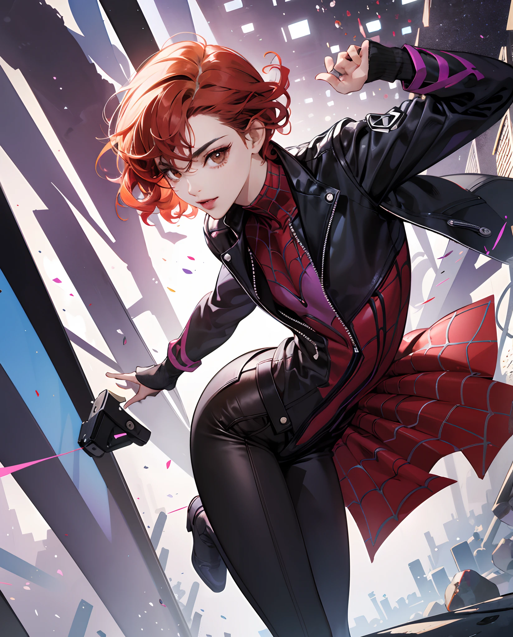 Spiderverse character, a woman with red short curly hair, brown eyes, purple power, on a busy street, pale, 16 years old, spiderverse comic