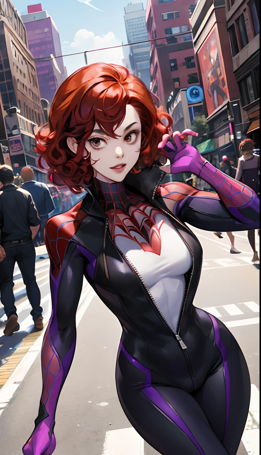 Spiderverse character, a woman with red short curly hair, brown eyes, purple power, on a busy street, pale, 16 years old, kinda chubby, spiderverse comic