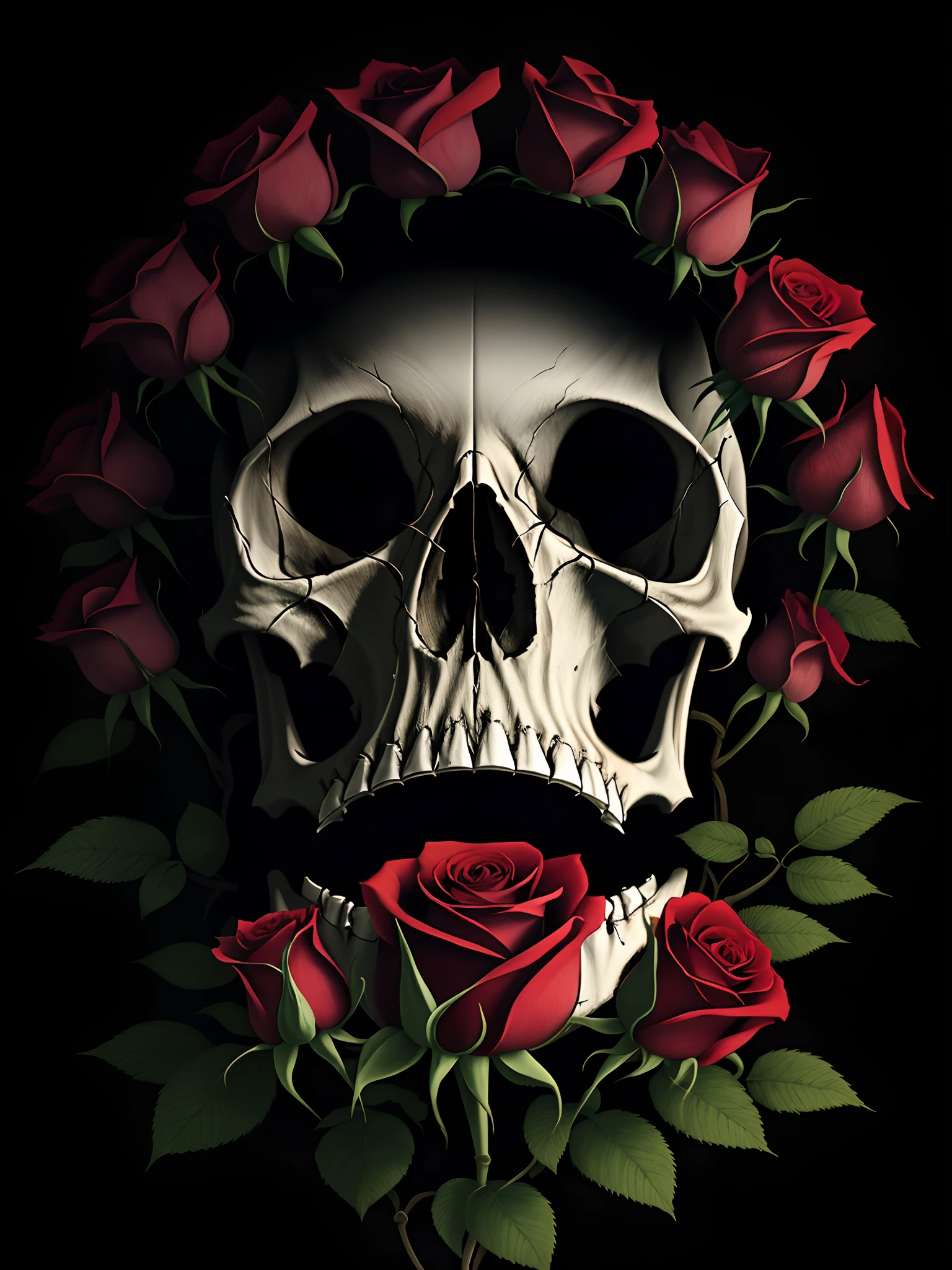 Skull with roses growing inside it