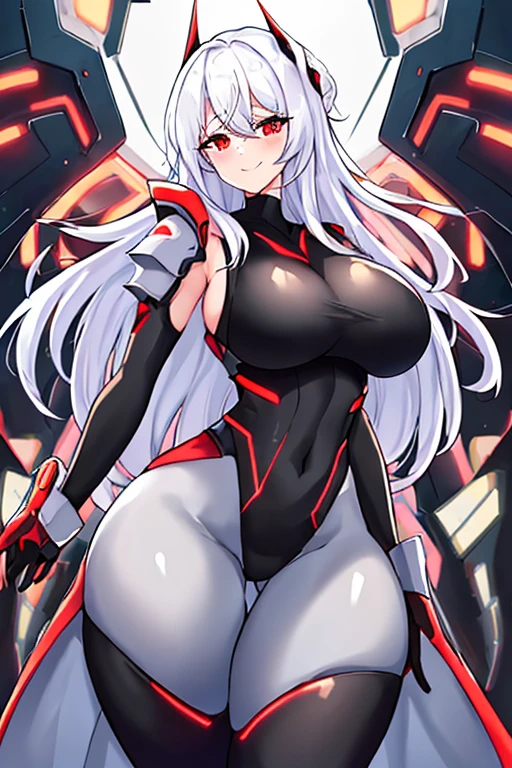 1girl, white hair, large breasts, breasts, thick thighs, wide hips, red eyes, bodysuit, black bodysuit, pantyhose, long hair, light smile, happy, science-fiction, tech, futuristic, black pantyhose, thighhighs, neon, machinery, hair ornament, ornament, neon trim, anime style, 2d, anime screencap, shoulder armor