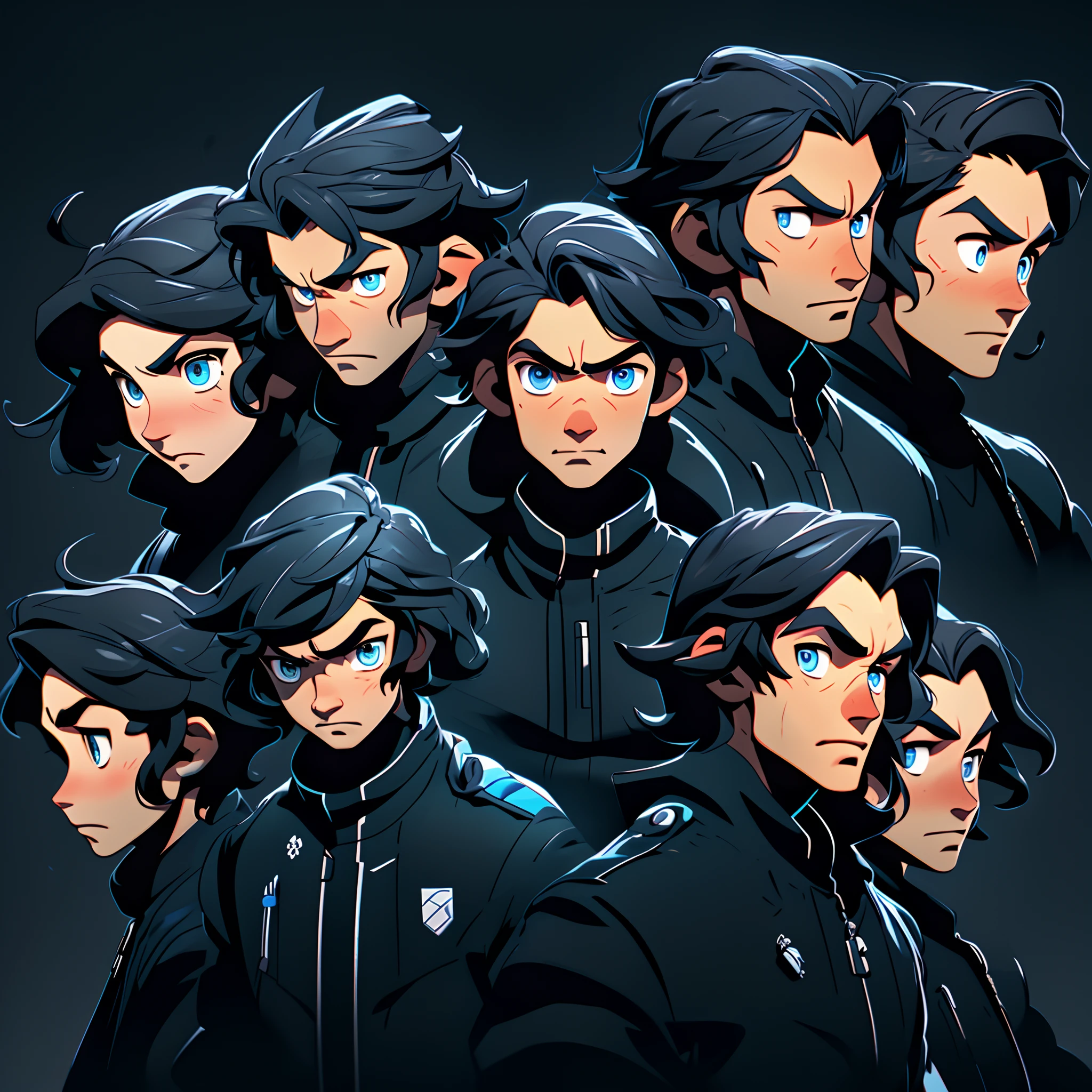 1 male, , 9 poses and expressions, Cool, Black Suit, Blue eyes, A dark-haired, , various emotions, 8K