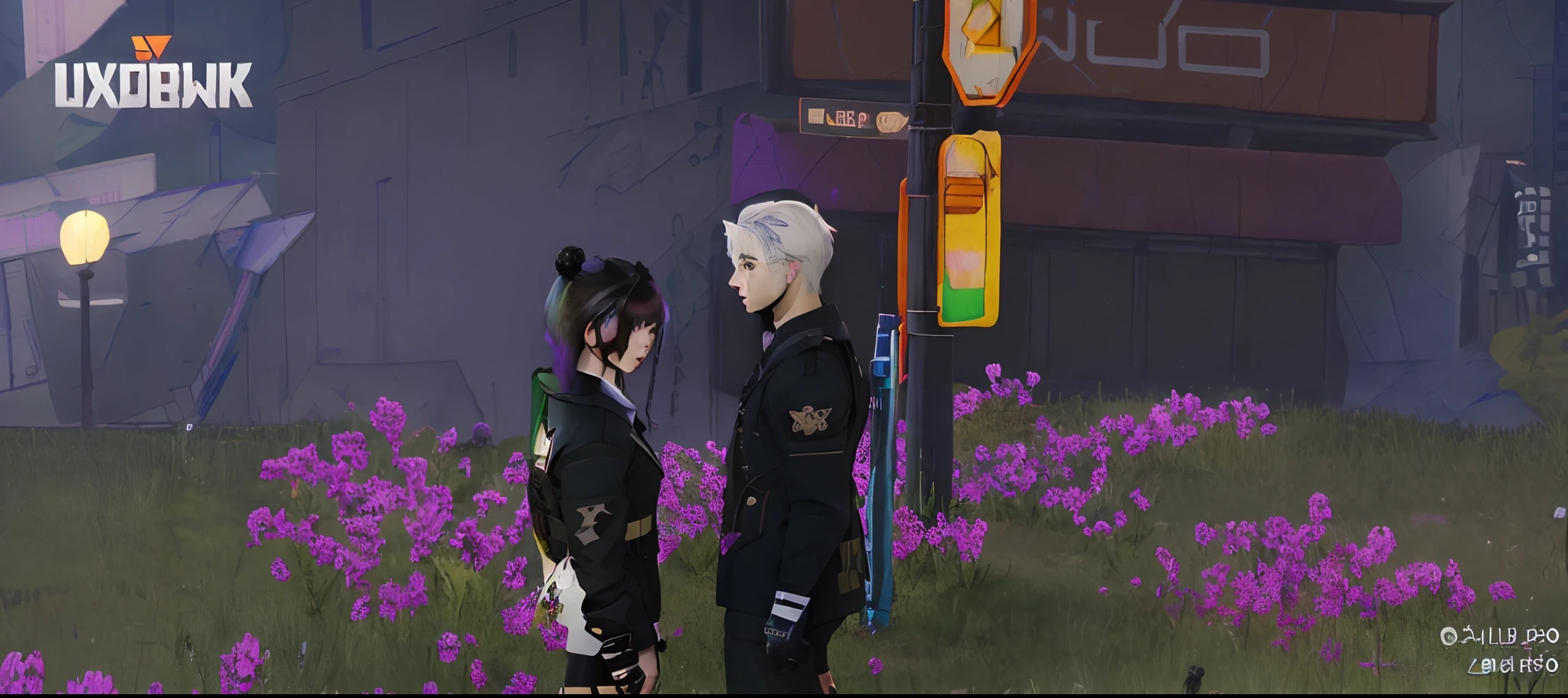 there are two people standing in a field of purple flowers, at cyberpunk city, nixeu and sakimichan, in a cyberpunk garden, <mmorpgs scene, in cyberpunk city, kda and sam yang, in cyber punk 2077, cyber punk setting, in a cybercity, sakimichan and frank franzzeta