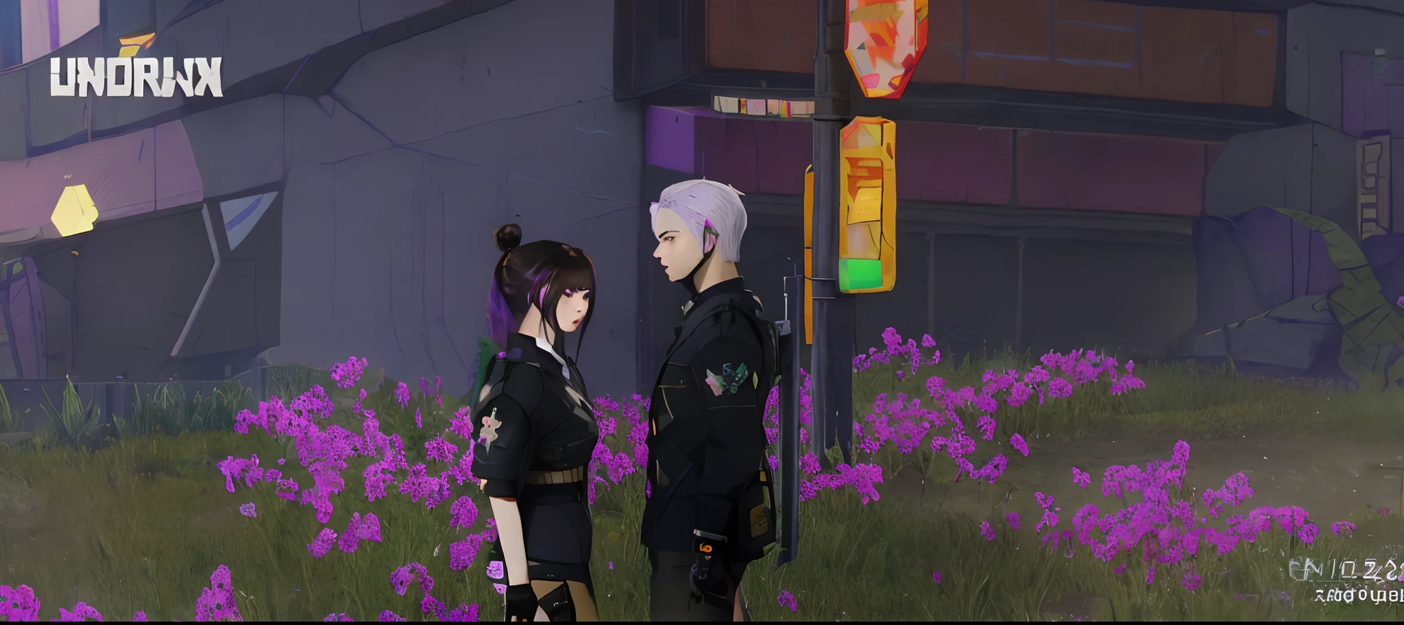 there are two people standing in a field of purple flowers, at cyberpunk city, nixeu and sakimichan, in a cyberpunk garden, <mmorpgs scene, in cyberpunk city, kda and sam yang, in cyber punk 2077, cyber punk setting, in a cybercity, sakimichan and frank franzzeta