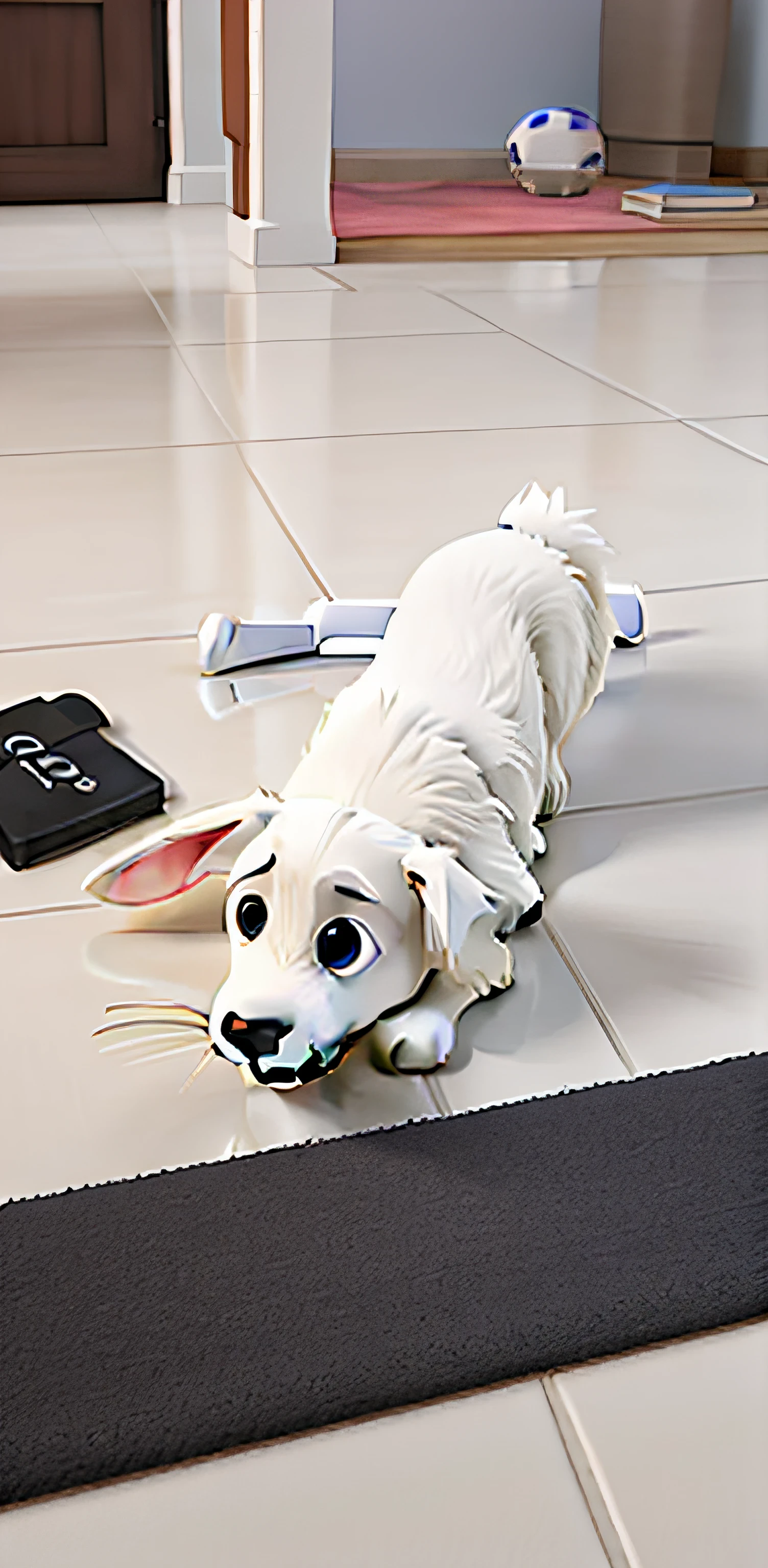 3D PIXAR MOVIE STYLE WHITE DOG, LYING DOWN AND HAPPY, IN A HOUSE WITH WHITE FLOORS