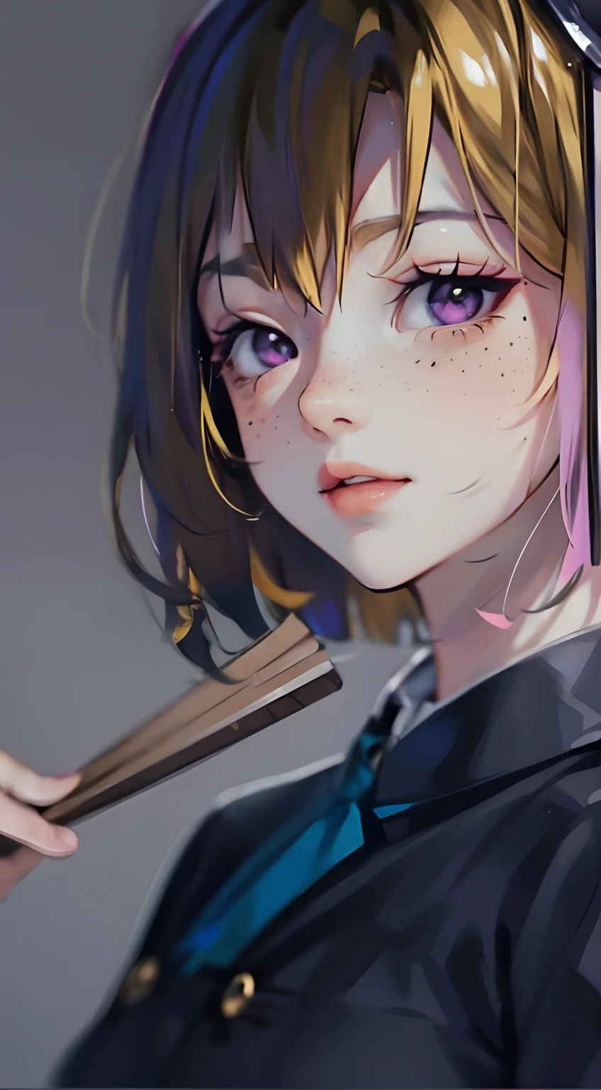 blonde yellow hair, purple eyes, freckles on cheeks, holding a fan