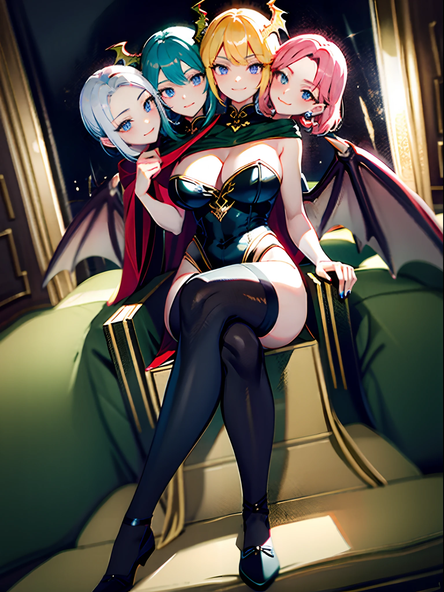 (masterpiece, best quality), best resolution, (3heads:1.5), dynamic angle, leotard, dress, holding a sword, knight, armor, 1girl, smug, blonde hair, pink hair, blue hair blue eyes, cape, sitting on a throne, legs crossed, wide thighs, shark teeth, flat chest, big thighs, leggings, black nails, (dragon girl), (scales), (dragon wings)