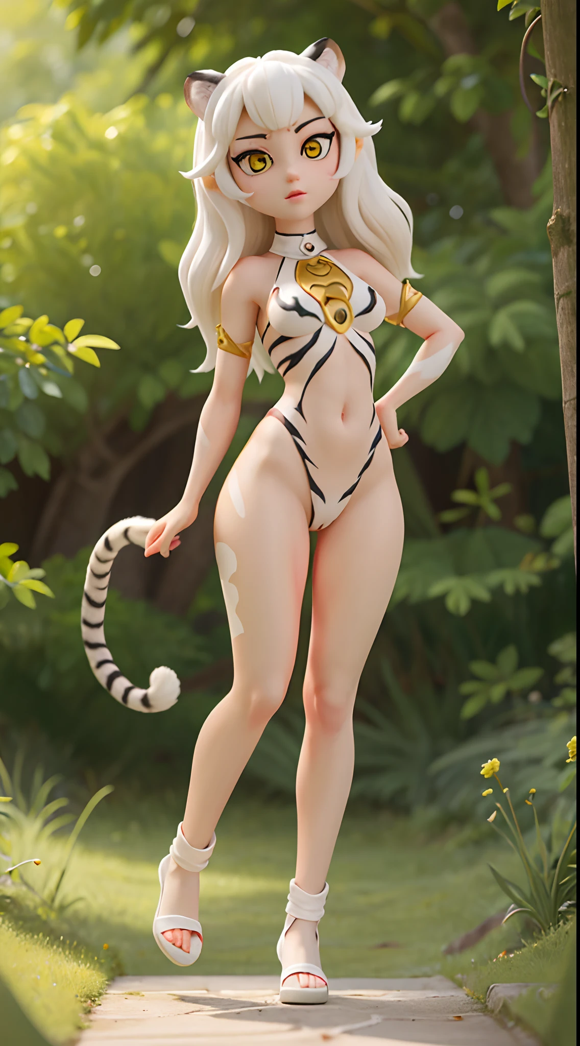 She is very beautiful because she is a white tiger beastman、white and beautiful skin、Yellow eyes、Big eyes、Hairless labia、Tiger tail、tchibi、Mega Mini、Megachibi、
