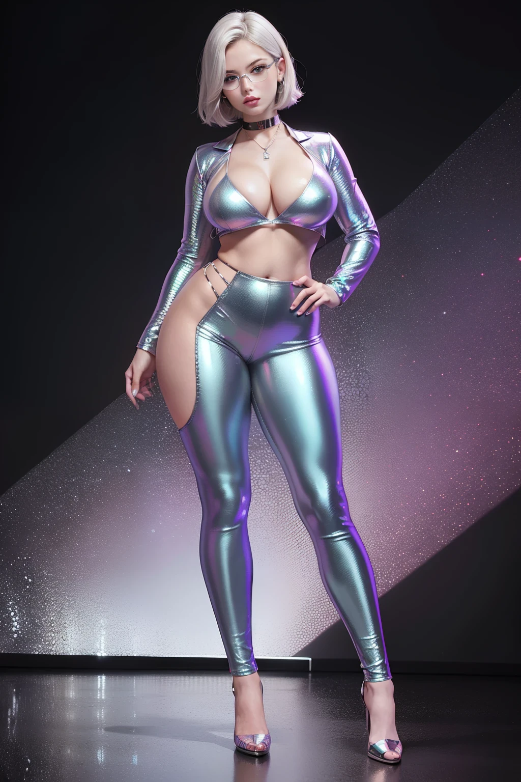 ((masterpiece, best quality, ultra-detailed, ultra-HD, photorealistic, cinematic)), ((alluring female model)), perfect body, voluptuous body, perfect anatomy, perfect face, perfect hands, large cleavage, round ass, long round legs, (sharp and asymmetrical bob cut hairstyle with a metallic sheen, silver hair), ((wide shot, full body view:1.5)), (sleek, form-fitting metallic jacket paired with holographic-coated jeans), (high-tech smart glasses and a metallic choker), (gradient background), (standing, sensual pose)