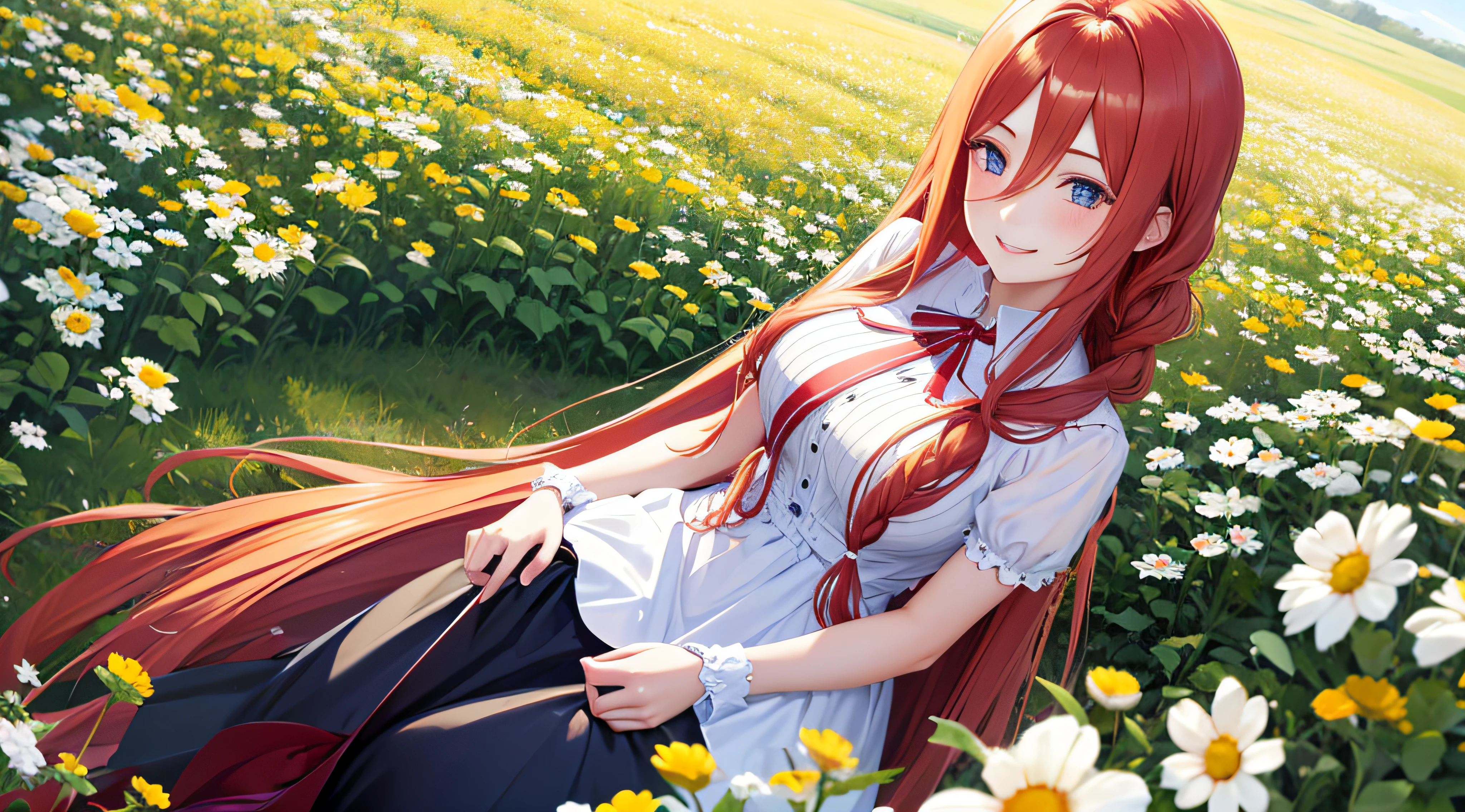 long hair, Modest clothing, big chest,You sit in a field, the weather is great, Angelic smile, Two red cheeks, Attractive personality, Very pretty, Angelic