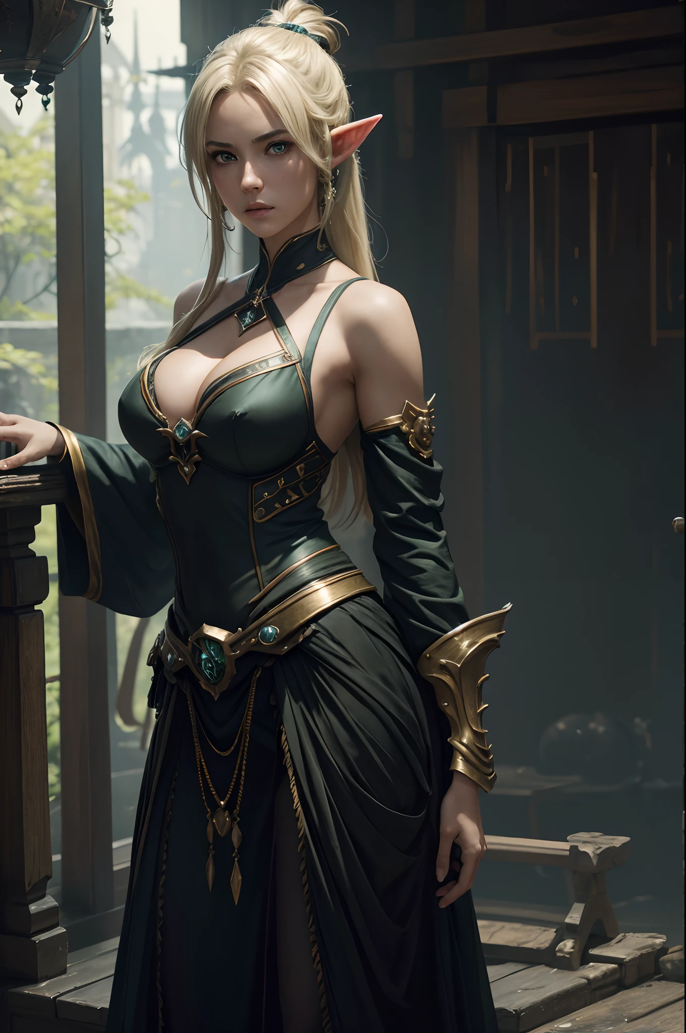 8K、Dark Elves,Super beauty,Model Chute Style、(the Extremely Detailed CG Unity 8K Wallpapers)、Full shot body photos of the most beautiful artwork in the world、Front Four Poses、elvish、Blonde Mohawk、Green Valley、Sexy chest armor in black and gold。Black skirt、Pearl Skin、Diamonds、medieval architecture、Ed Brink、Ateigairan、Studio Ghibli、Jeremy Mann、Greg Munchez、Antonio Moro、trending on artstationh、Trending in CG、 Dense and、Up to detail、Sharp focus、Dramatic and photorealistic painting art by Midjourney and Greg Rutkowski、Sexy costume、large full breasts、Green eyes、see the beholder、beautiful expression、Emphasize cleavage、