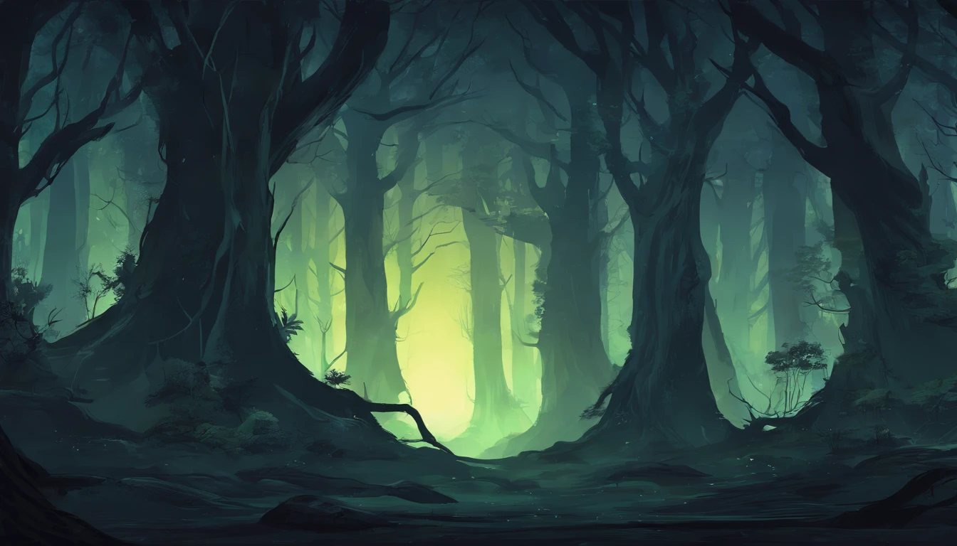 dark and dense forest at night with tall trees and many thick tree roots