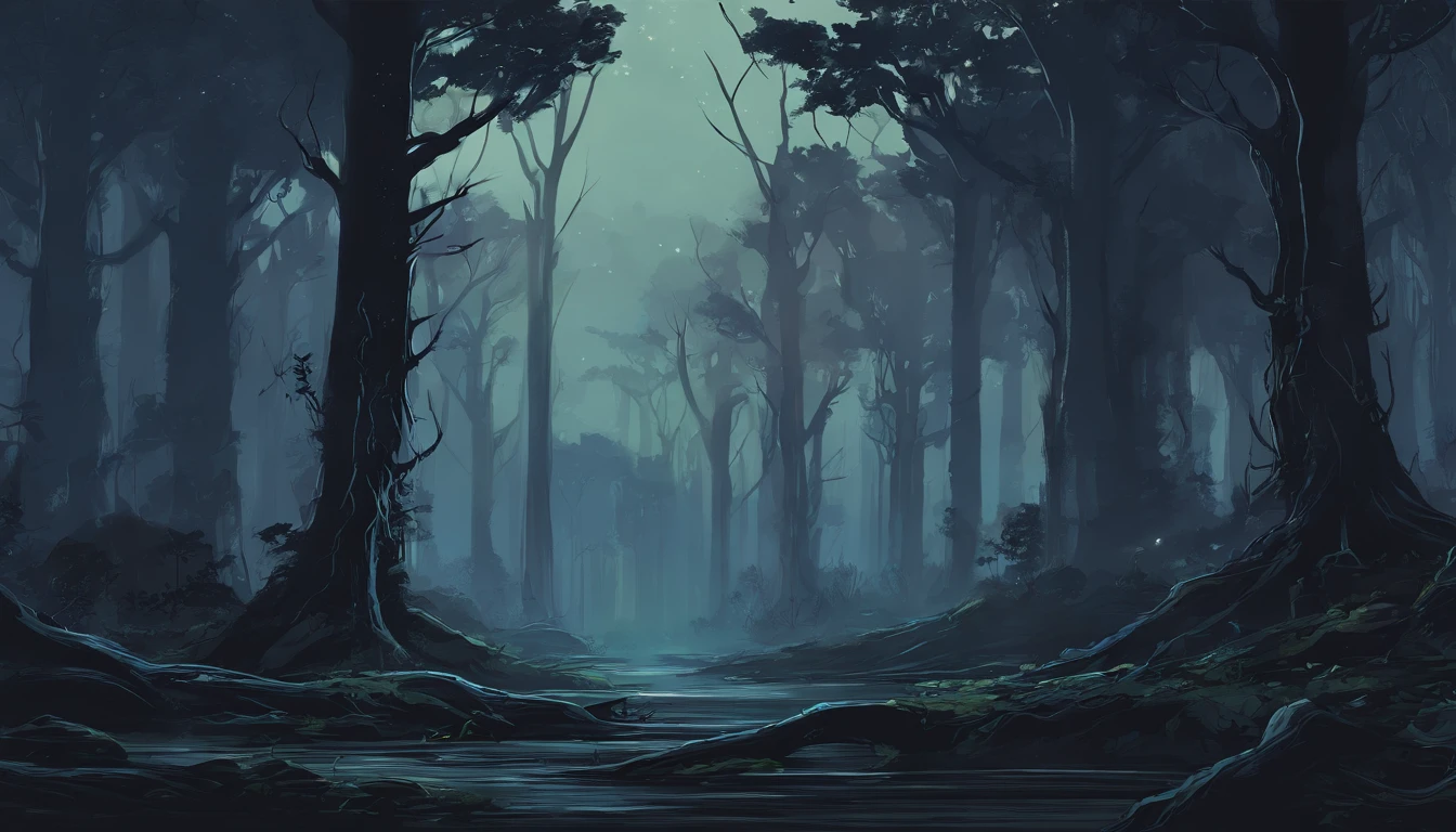 dark and dense forest at night with tall trees and many thick tree roots